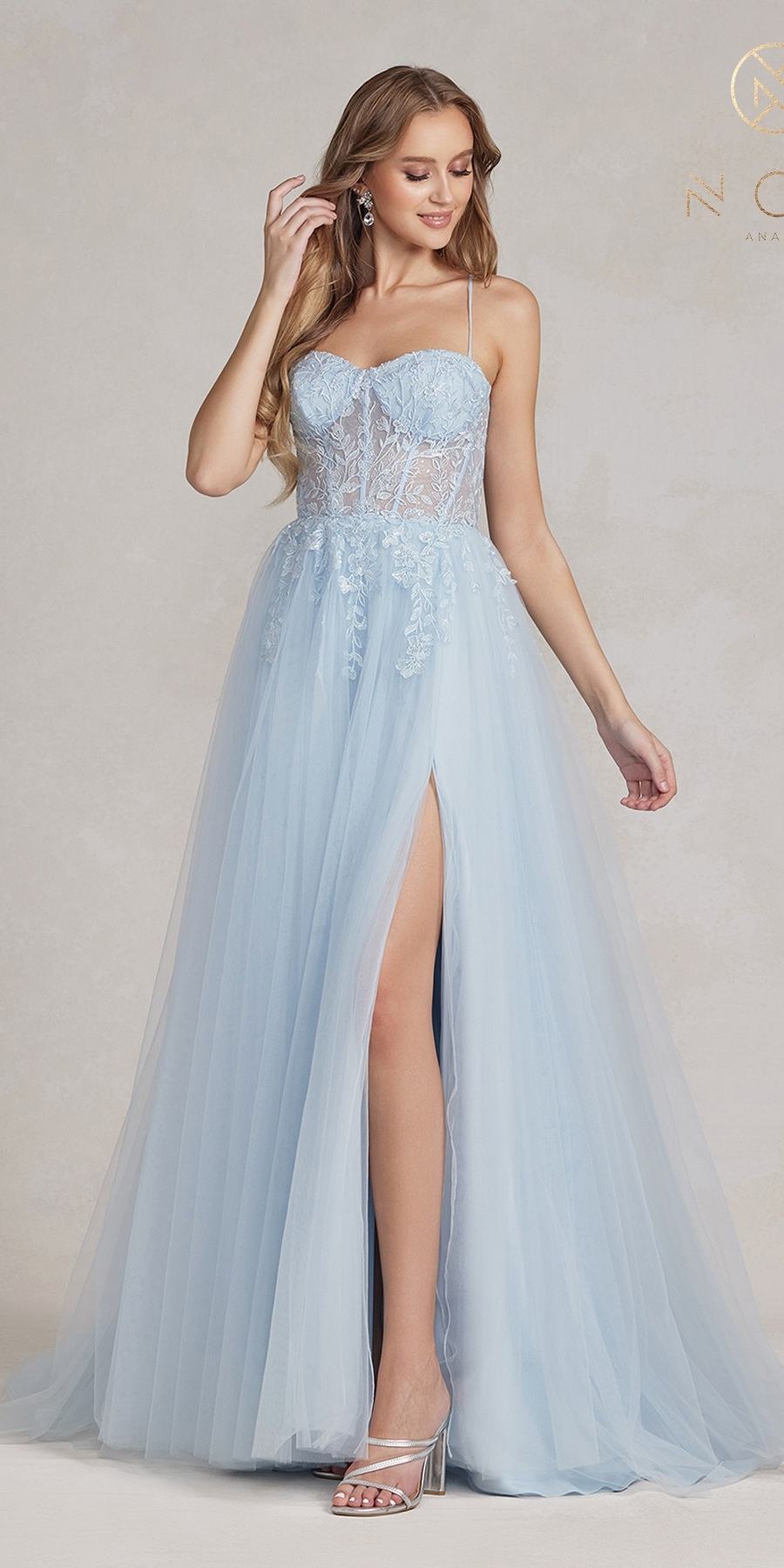 Nox Anabel J1089 Floor Length A-Line Tulle Gown with Slit by DiscountDressShop