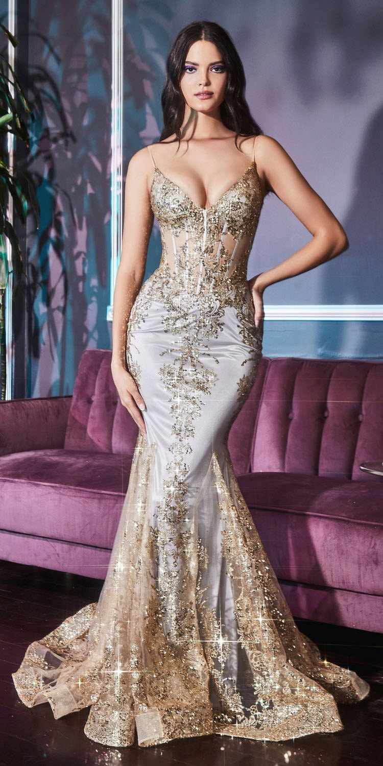 Ladivine J810 Long Fitted Floral Glitter Print Corset Gown by DiscountDressShop
