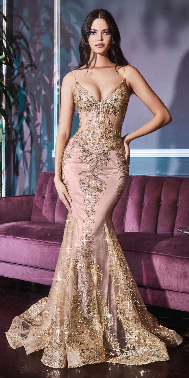 Ladivine J810 Long Fitted Floral Glitter Print Corset Gown by DiscountDressShop