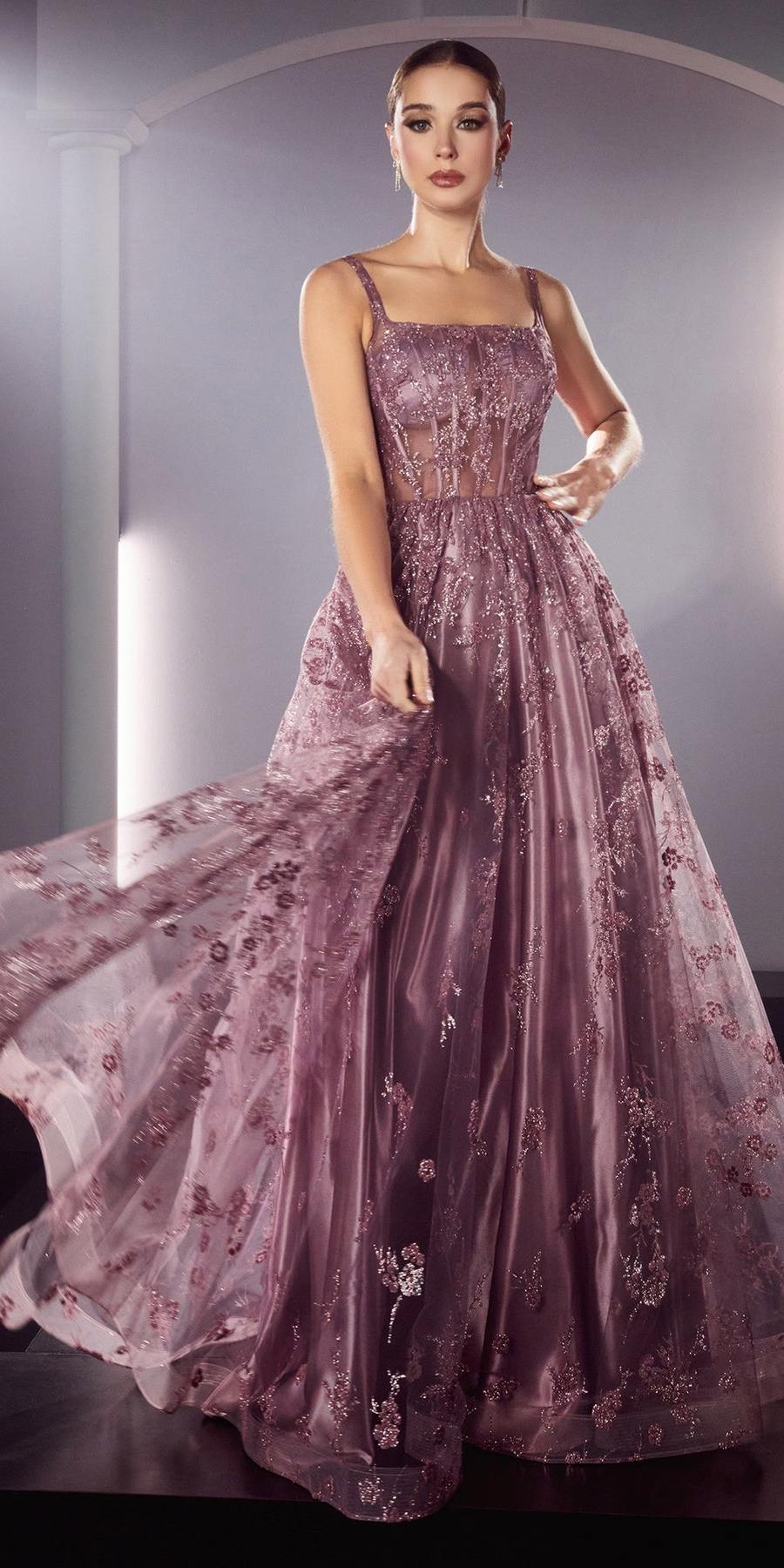 Ladivine J840 Floor Length Glitter Print A-Line Gown Corset Bodice by DiscountDressShop