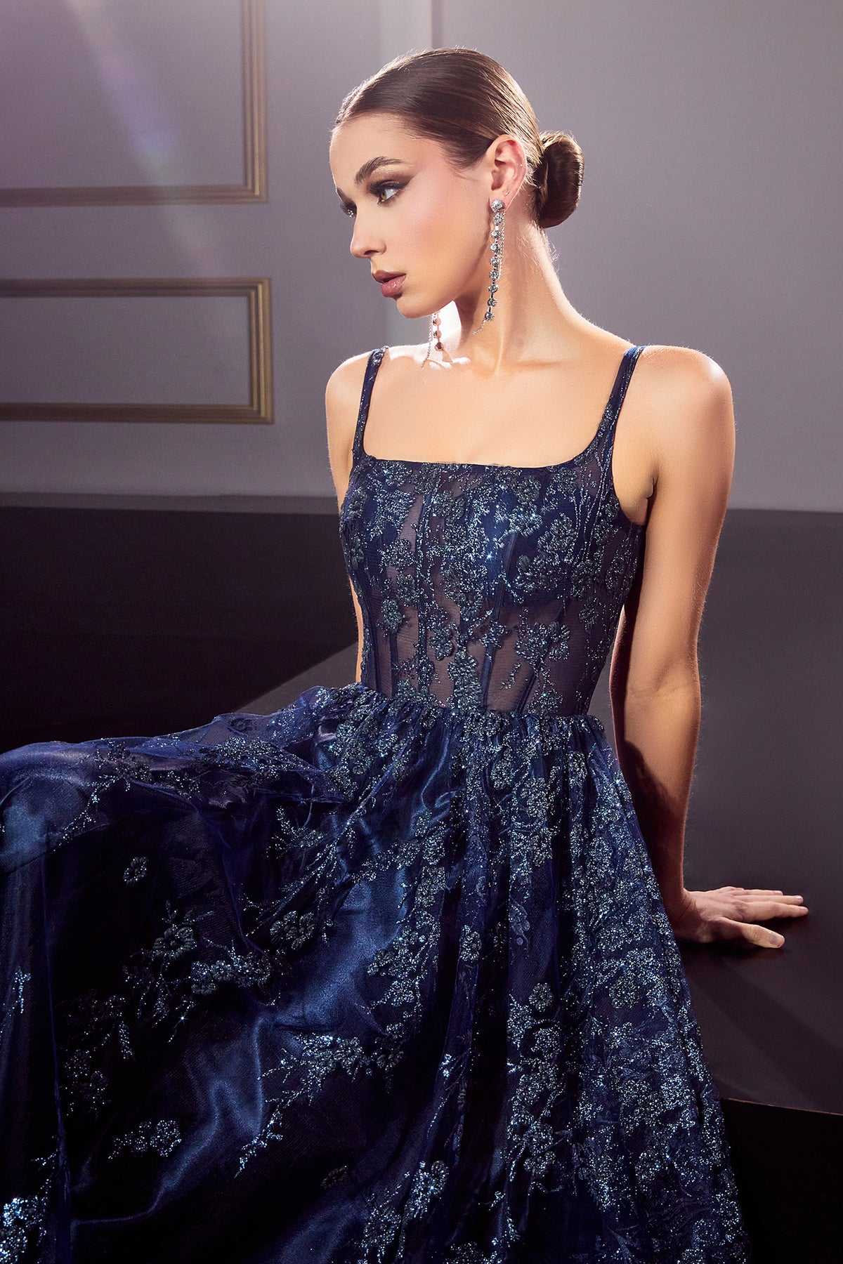 Ladivine J840 Floor Length Glitter Print A-Line Gown Corset Bodice by DiscountDressShop