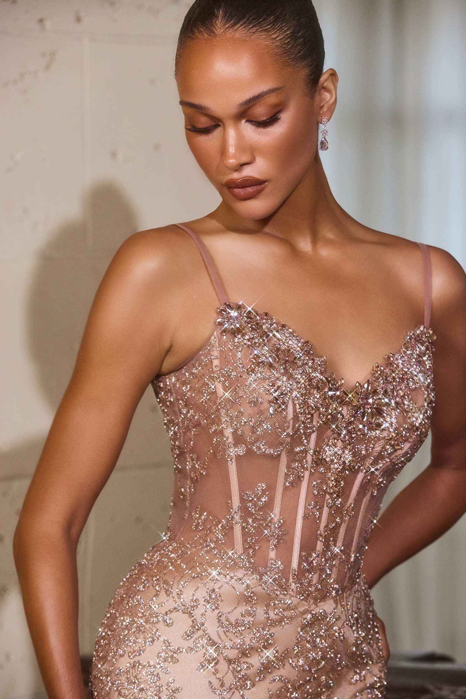 Ladivine J889 Hand Placed Applique Shimmering Sequin Fitted Gown by DiscountDressShop