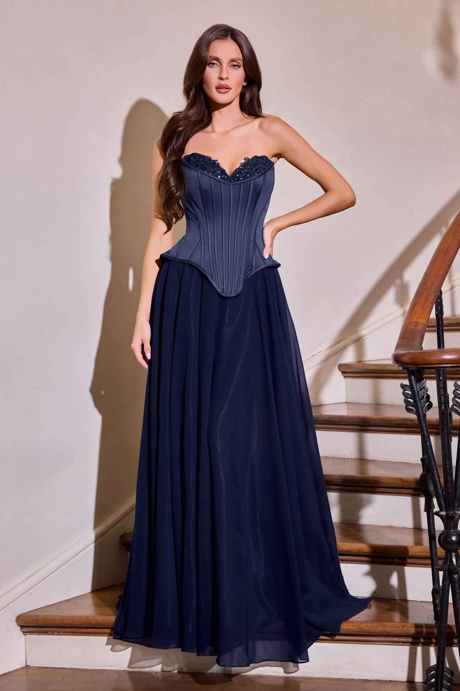 Ladivine J891 Fitted Corset Bodice Flowy Chiffon Skirt Formal Gown by DiscountDressShop