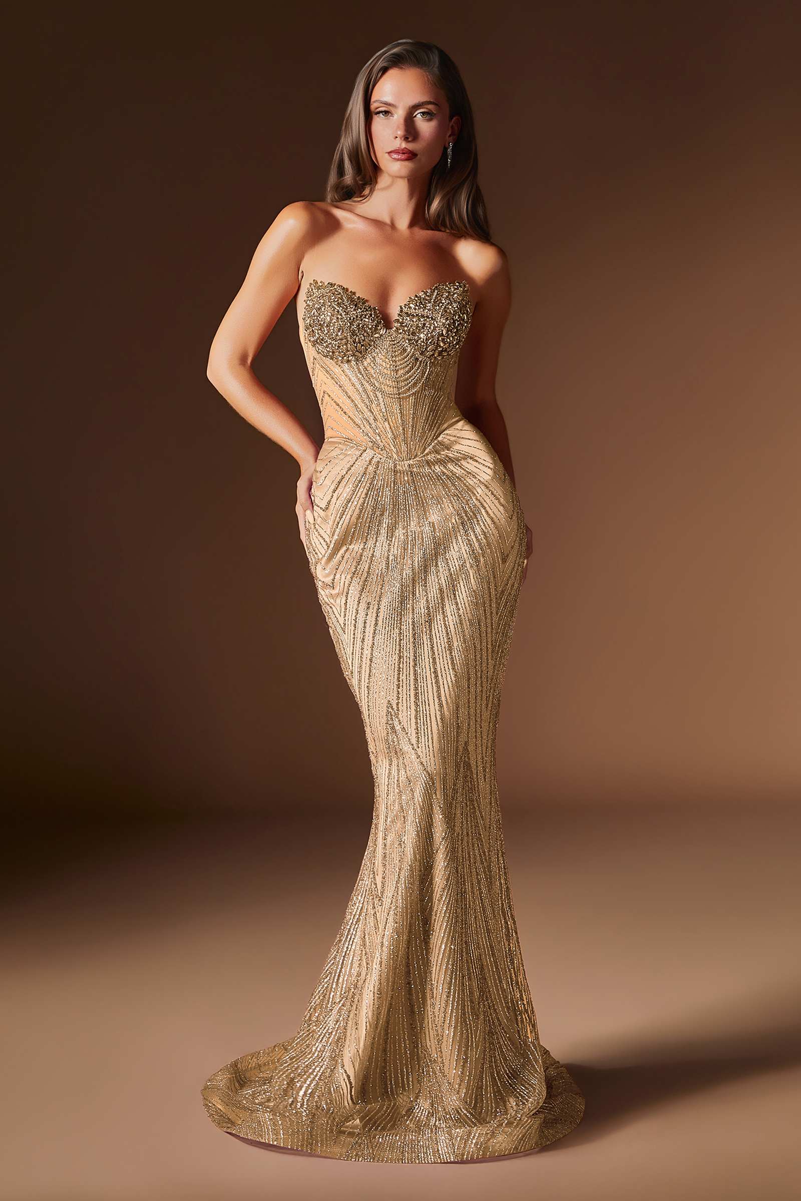 Ladivine J903 Lavish Crystal Encrusted Sheer Corset Bodice Fitted Gown by DiscountDressShop
