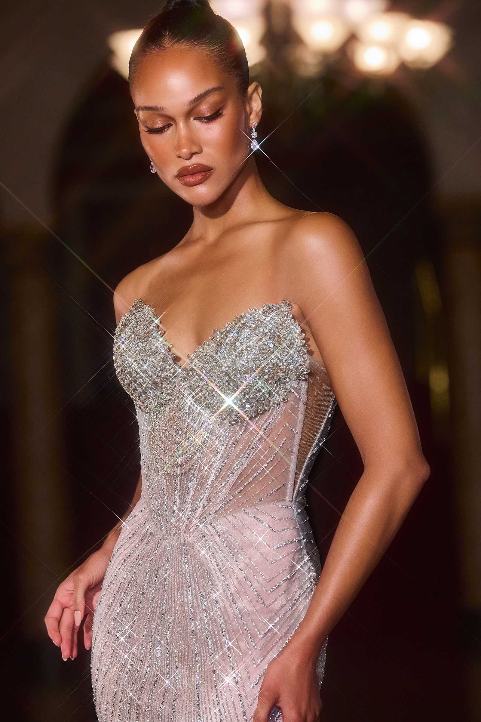 Ladivine J903 Lavish Crystal Encrusted Sheer Corset Bodice Fitted Gown by DiscountDressShop