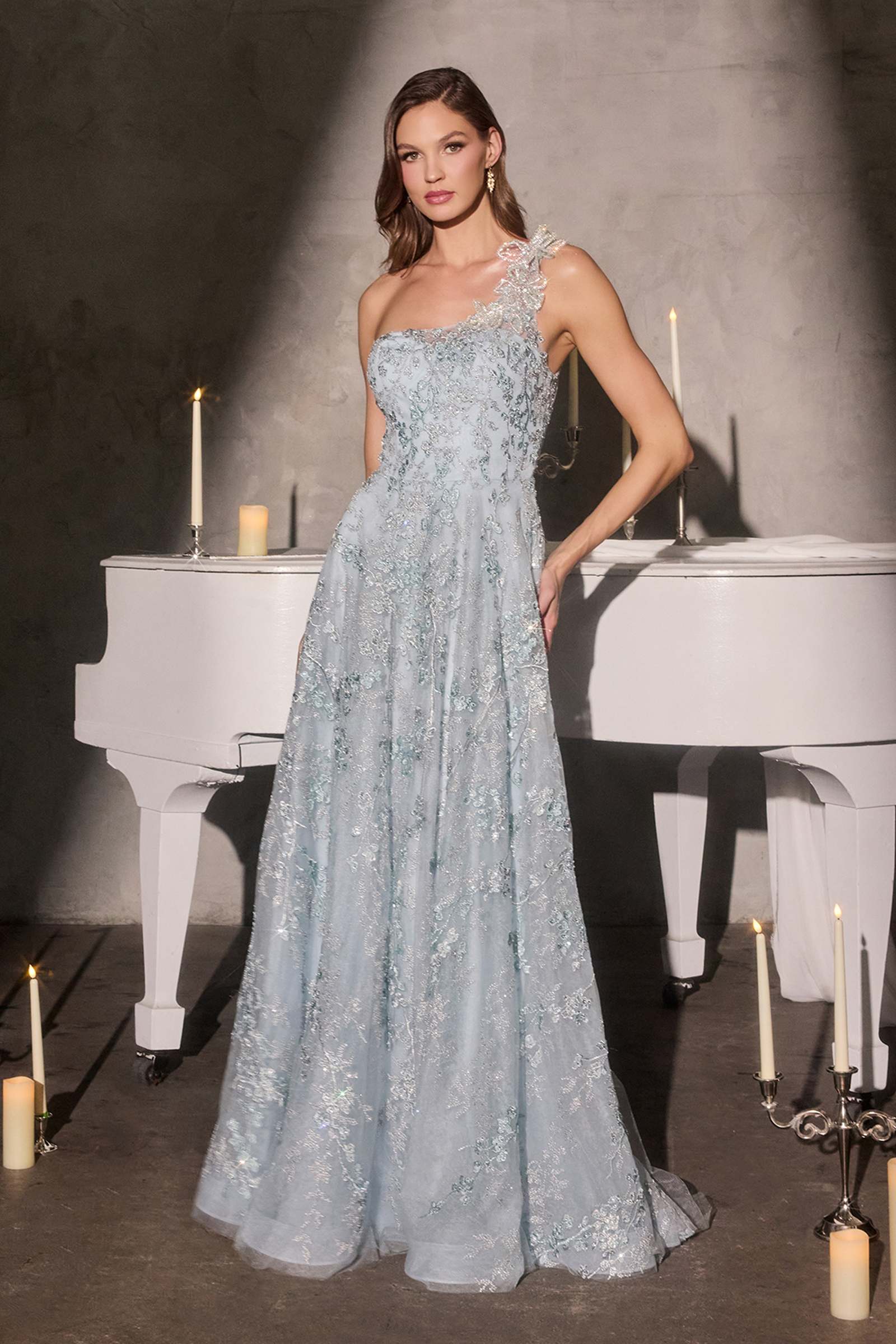 Ladivine J909 One Shoulder 3D Floral Applique Full Lace Beaded A-Line Gown by DiscountDressShop