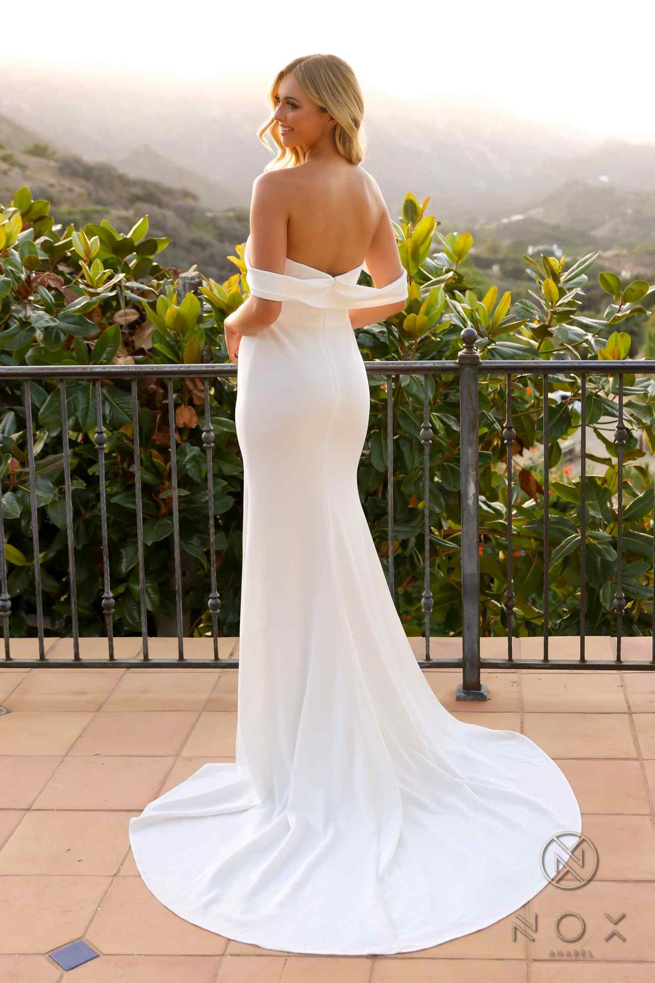 Nox Anabel JE1007 Long Fitted Off Shoulder White Slit Gown by DiscountDressShop
