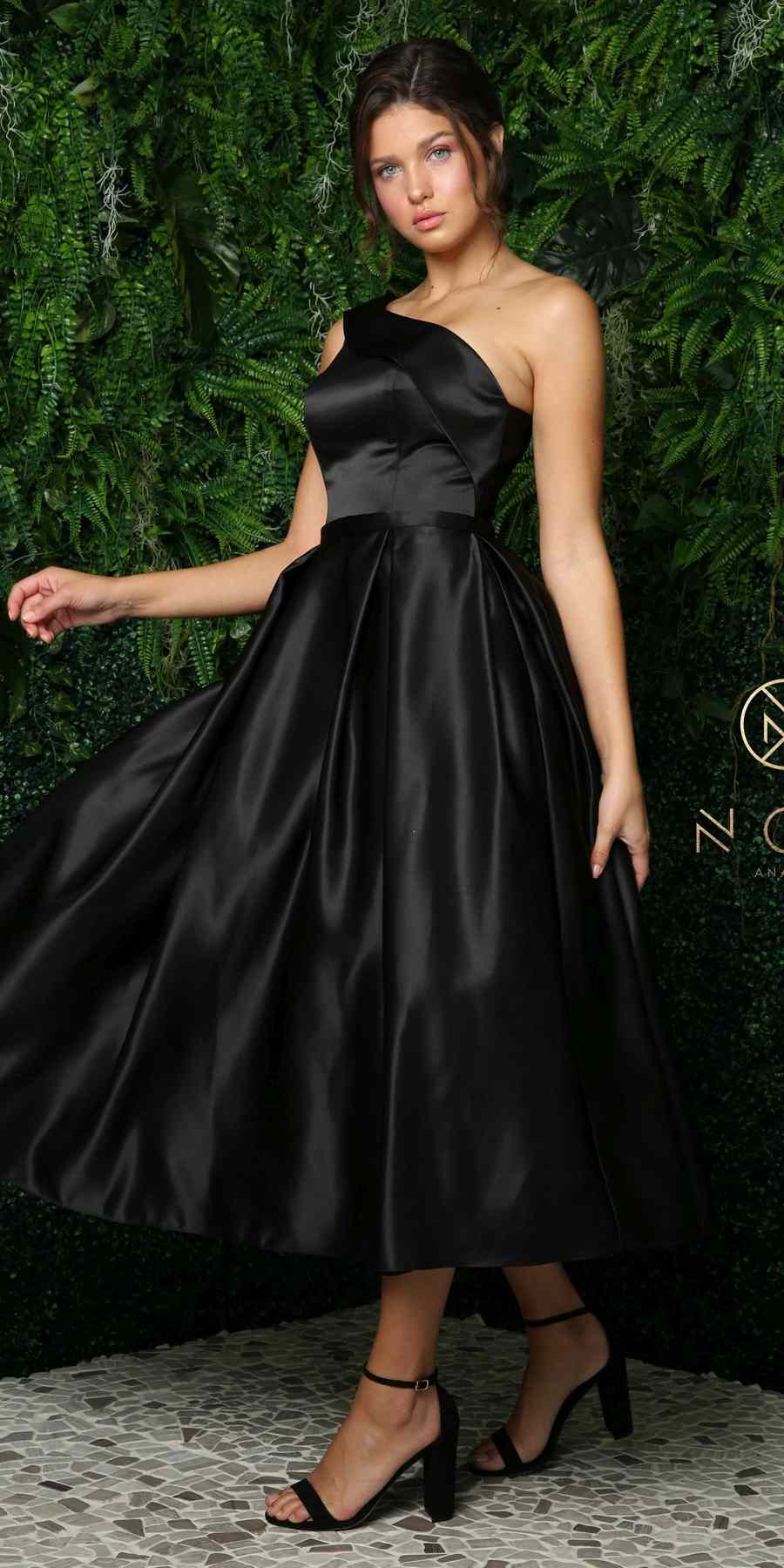 Nox Anabel JE931 One Shoulder Satin Tea Length Gown by DiscountDressShop