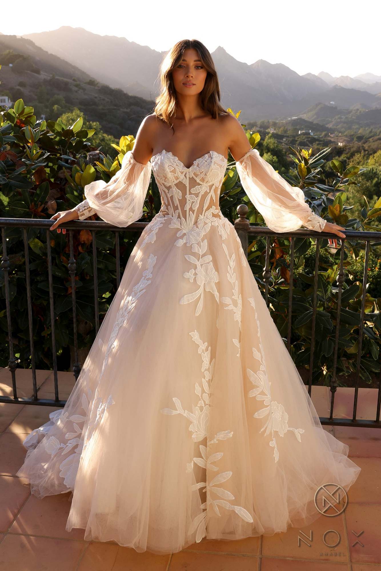 Nox Anabel JE990L Long Puff Sleeve Strapless Corset A-Line Bridal Gown by DiscountDressShop