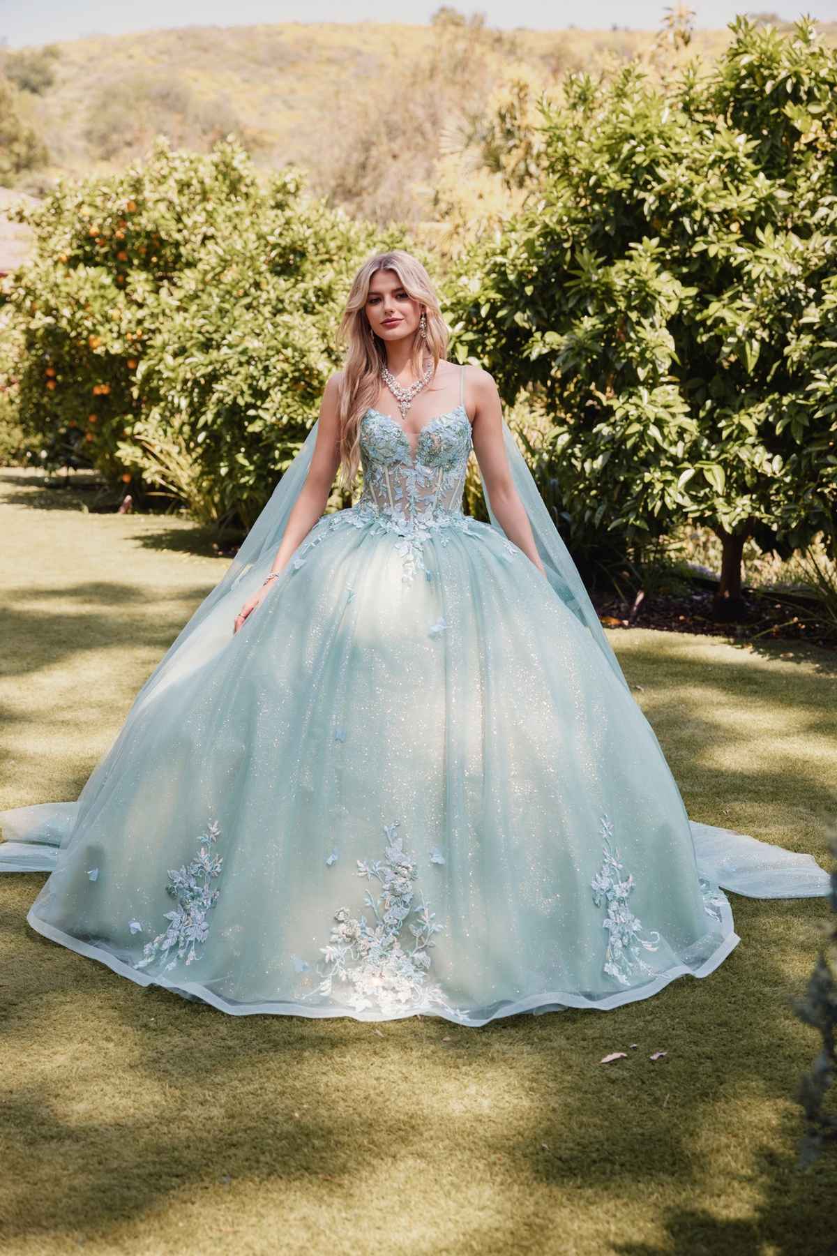 Juliet JT1466H Dress 3D Multi Floral Applique Cape Sleeve Quinceanera Gown by DiscountDressShop