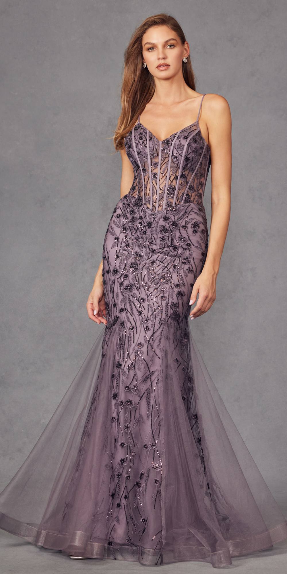 Juliet JT2441S Long Corset Bodice Embellished Sleeveless Mermaid Dress by DiscountDressShop