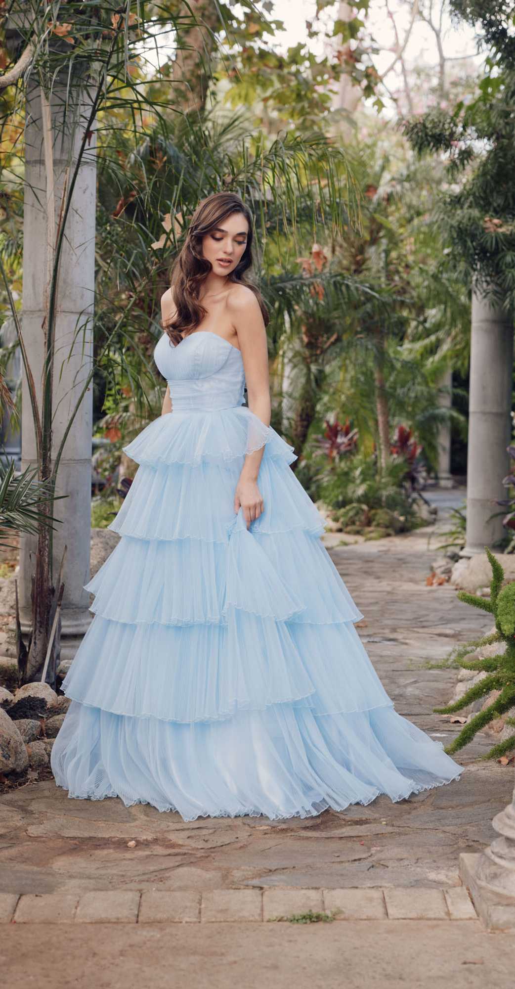 Juliet JT2452K Long Pleated Strapless Tiered Ruffle Tulle A-Line Gown by DiscountDressShop