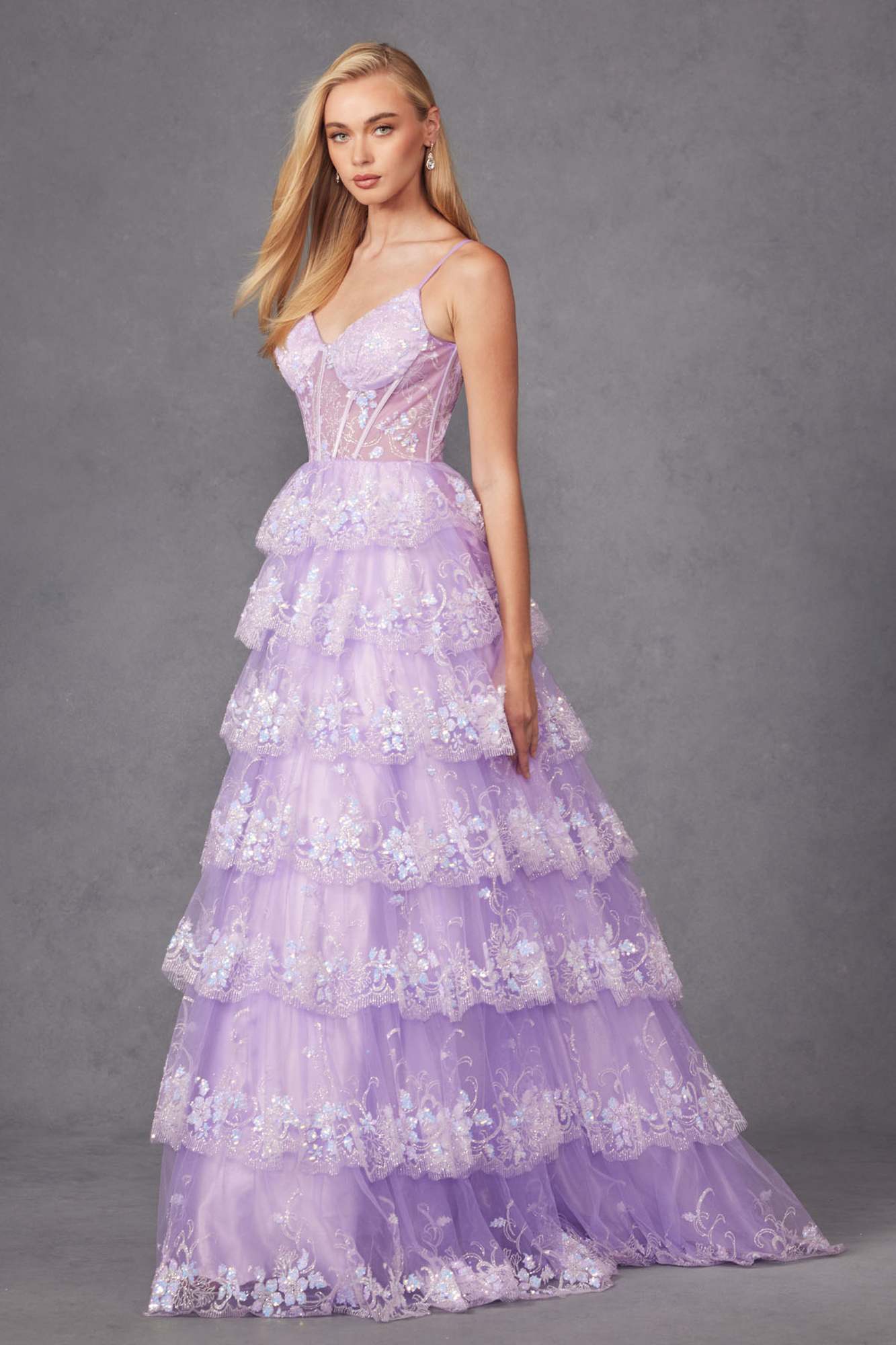 Juliet JT2454K Long Boned Bodice Tiered Layered Sequin Detail A-Line Gown by DiscountDressShop