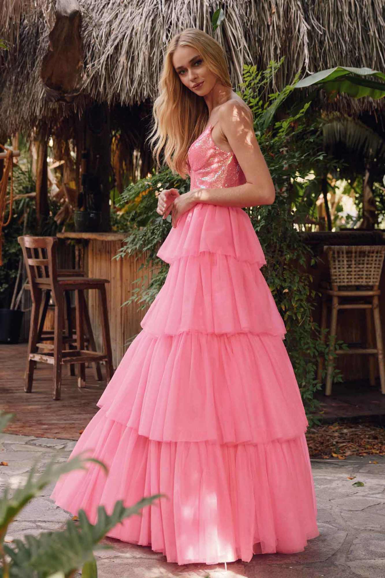 Juliet JT2457H Long Tiered Ruffled Tulle A-Line Sequin Bodice Dress by DiscountDressShop