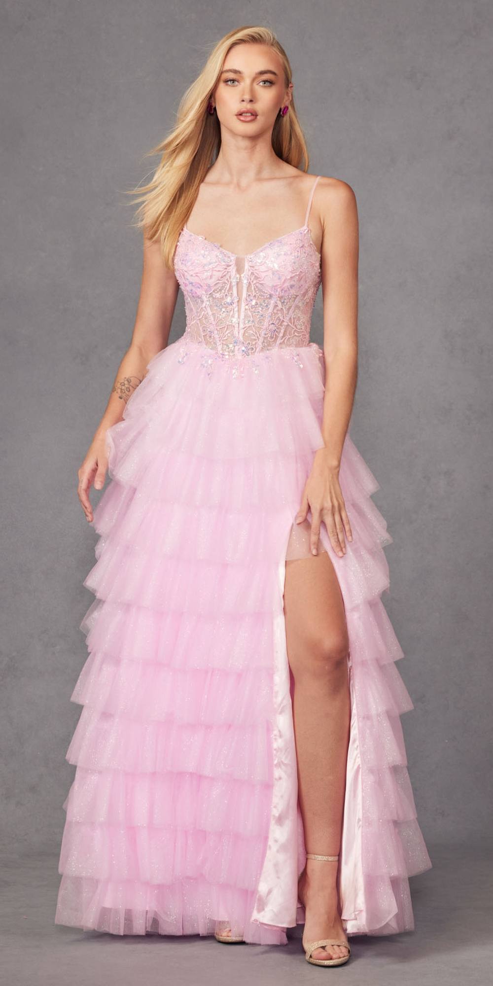 Juliet JT2458A Long Ruffle Tulle A-Line Ball Gown Bustier Bodice Thin Straps by DiscountDressShop