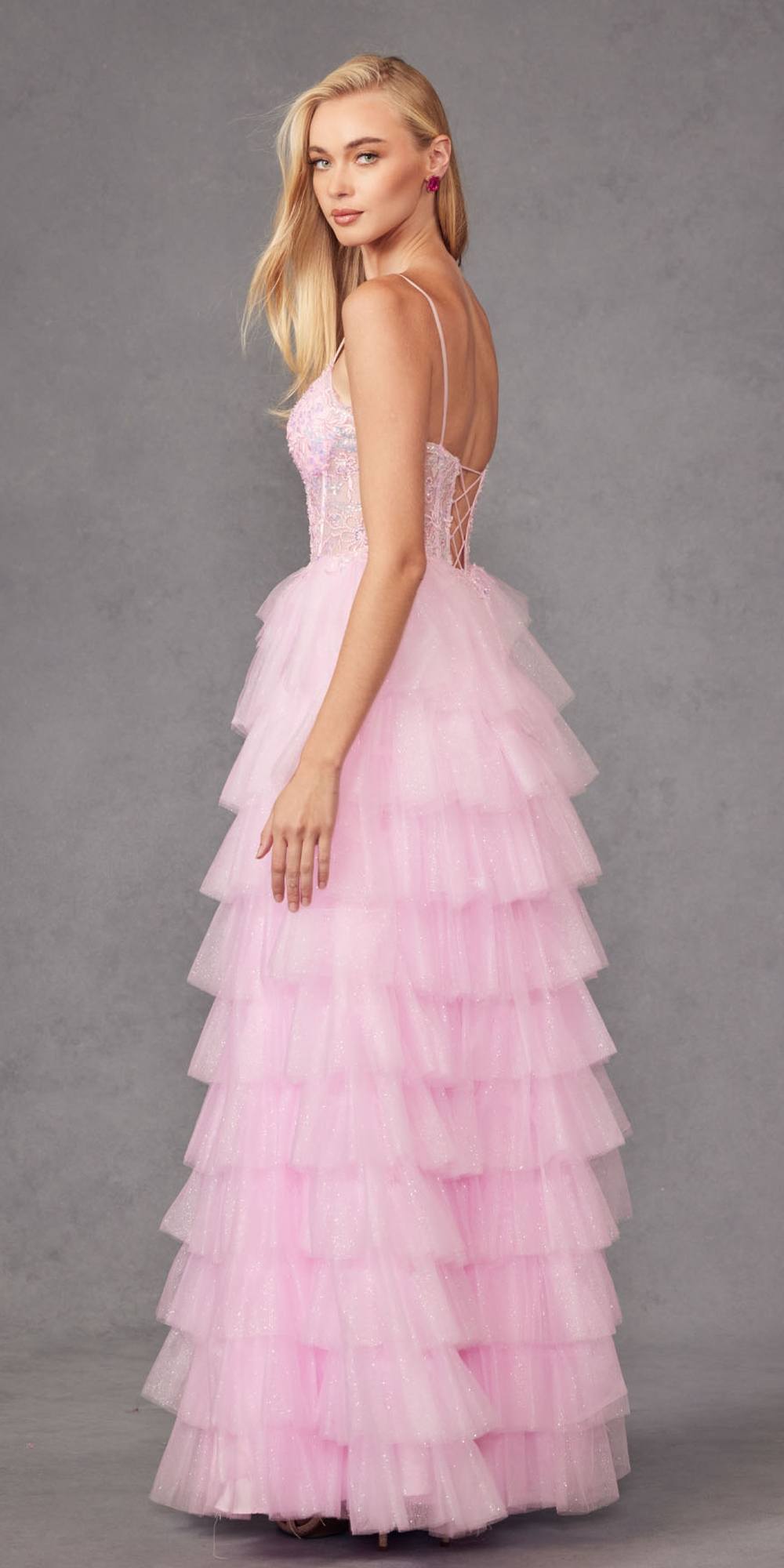 Juliet JT2458A Long Ruffle Tulle A-Line Ball Gown Bustier Bodice Thin Straps by DiscountDressShop