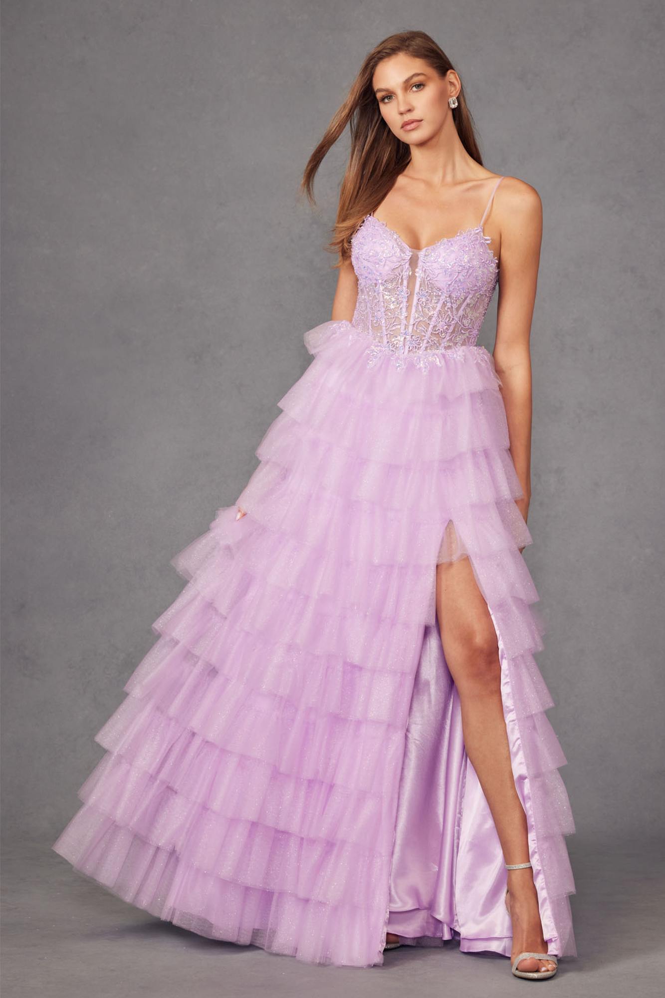 Juliet JT2458A Long Ruffle Tulle A-Line Ball Gown Bustier Bodice Thin Straps by DiscountDressShop