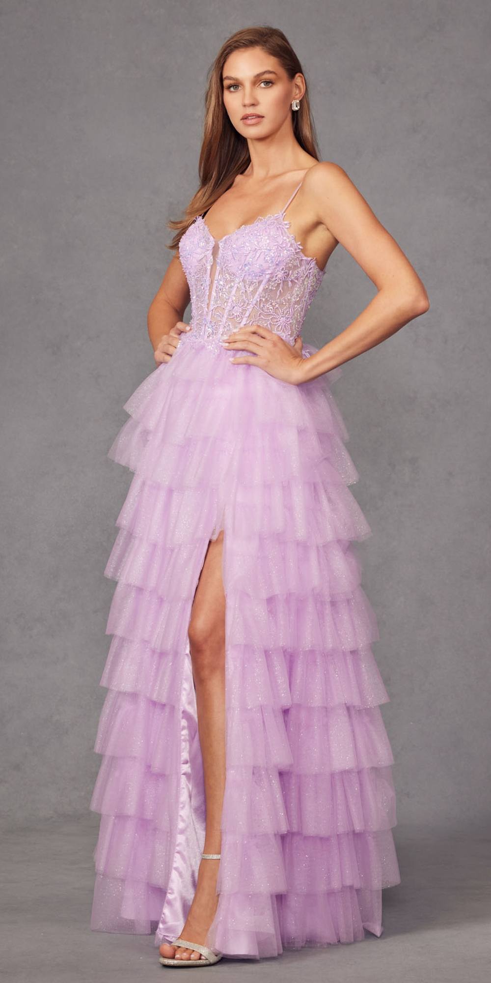 Juliet JT2458A Long Ruffle Tulle A-Line Ball Gown Bustier Bodice Thin Straps by DiscountDressShop
