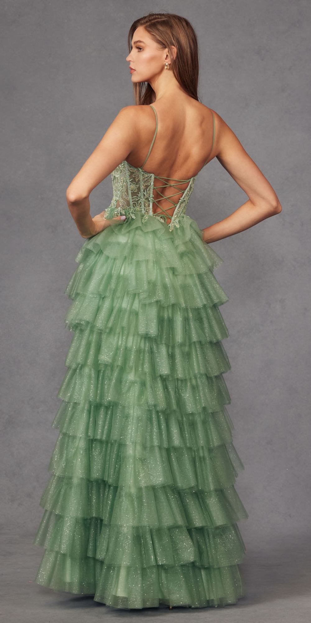 Juliet JT2458A Long Ruffle Tulle A-Line Ball Gown Bustier Bodice Thin Straps by DiscountDressShop