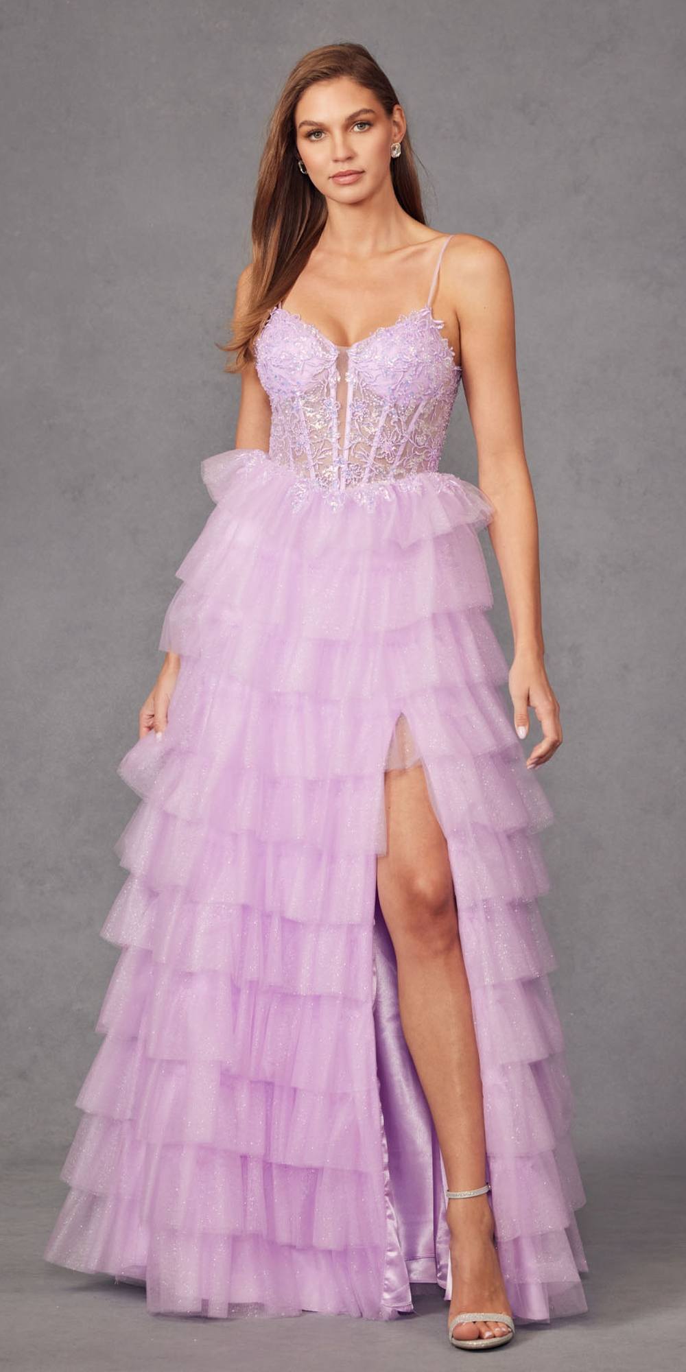 Juliet JT2458A Long Ruffle Tulle A-Line Ball Gown Bustier Bodice Thin Straps by DiscountDressShop