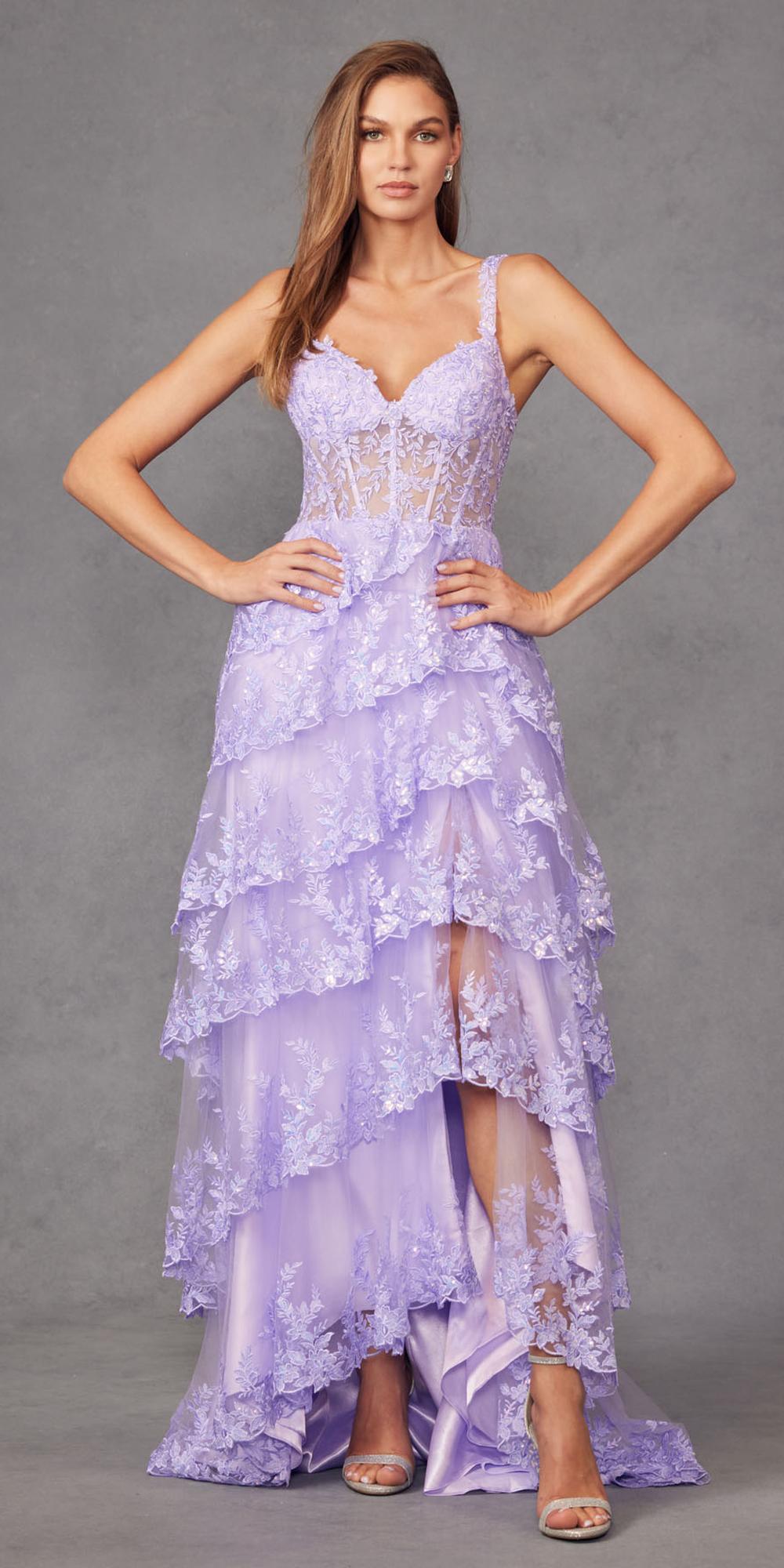 Juliet JT2463A Long Tiered Ruffled Skirt A-Line Boned Bodice Dress by DiscountDressShop