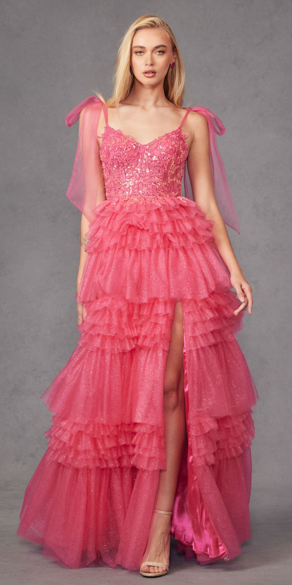 Juliet JT2465A Long Glitter Tulle A-Line Leg Slit Ribbon Bow Strap Gown by DiscountDressShop