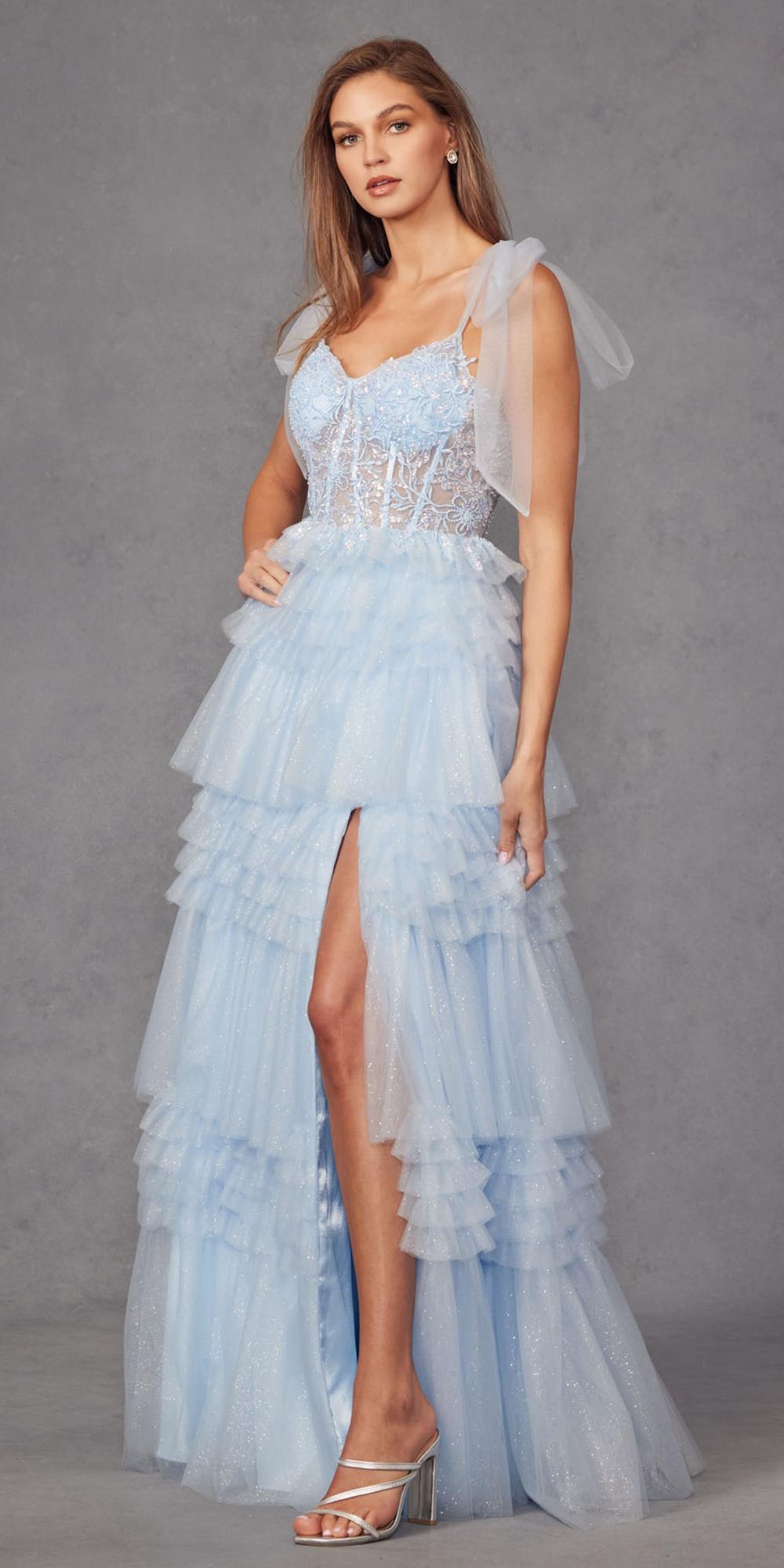 Juliet JT2465A Long Glitter Tulle A-Line Leg Slit Ribbon Bow Strap Gown by DiscountDressShop