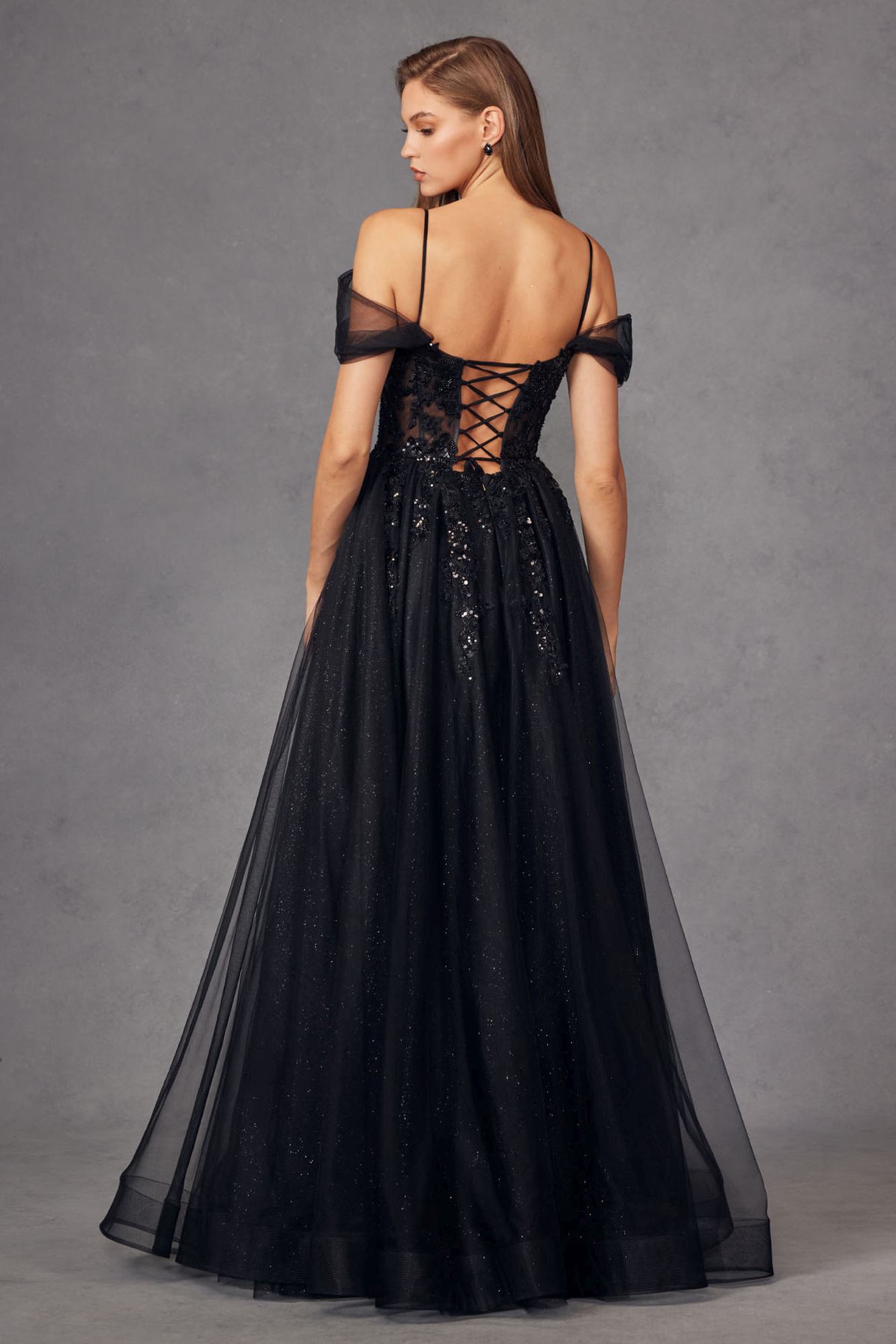 Juliet JT2466A Long Cold Shoulder Sweetheart Corset Bodice A-Line Gown by DiscountDressShop