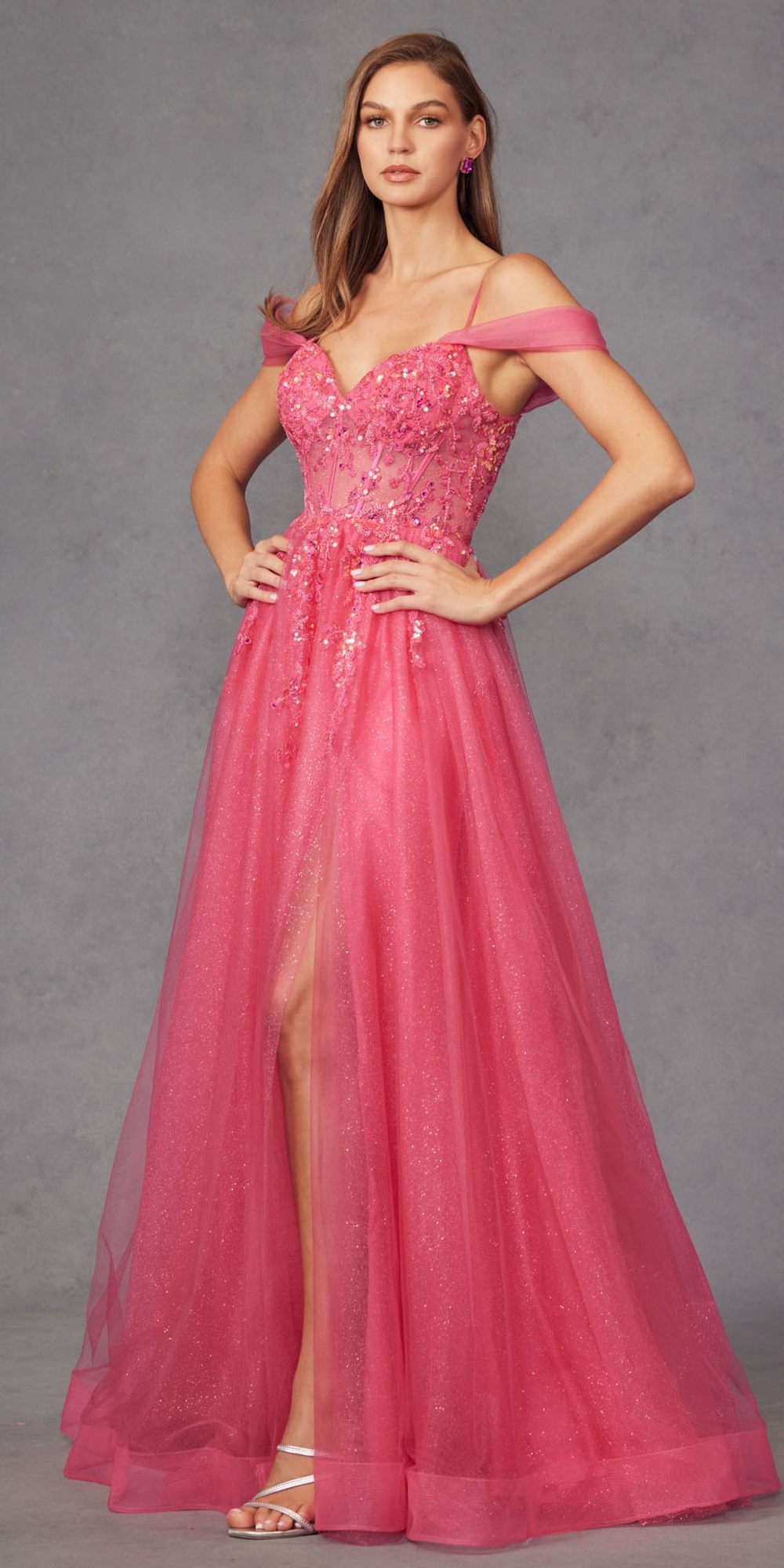 Juliet JT2466A Long Cold Shoulder Sweetheart Corset Bodice A-Line Gown by DiscountDressShop