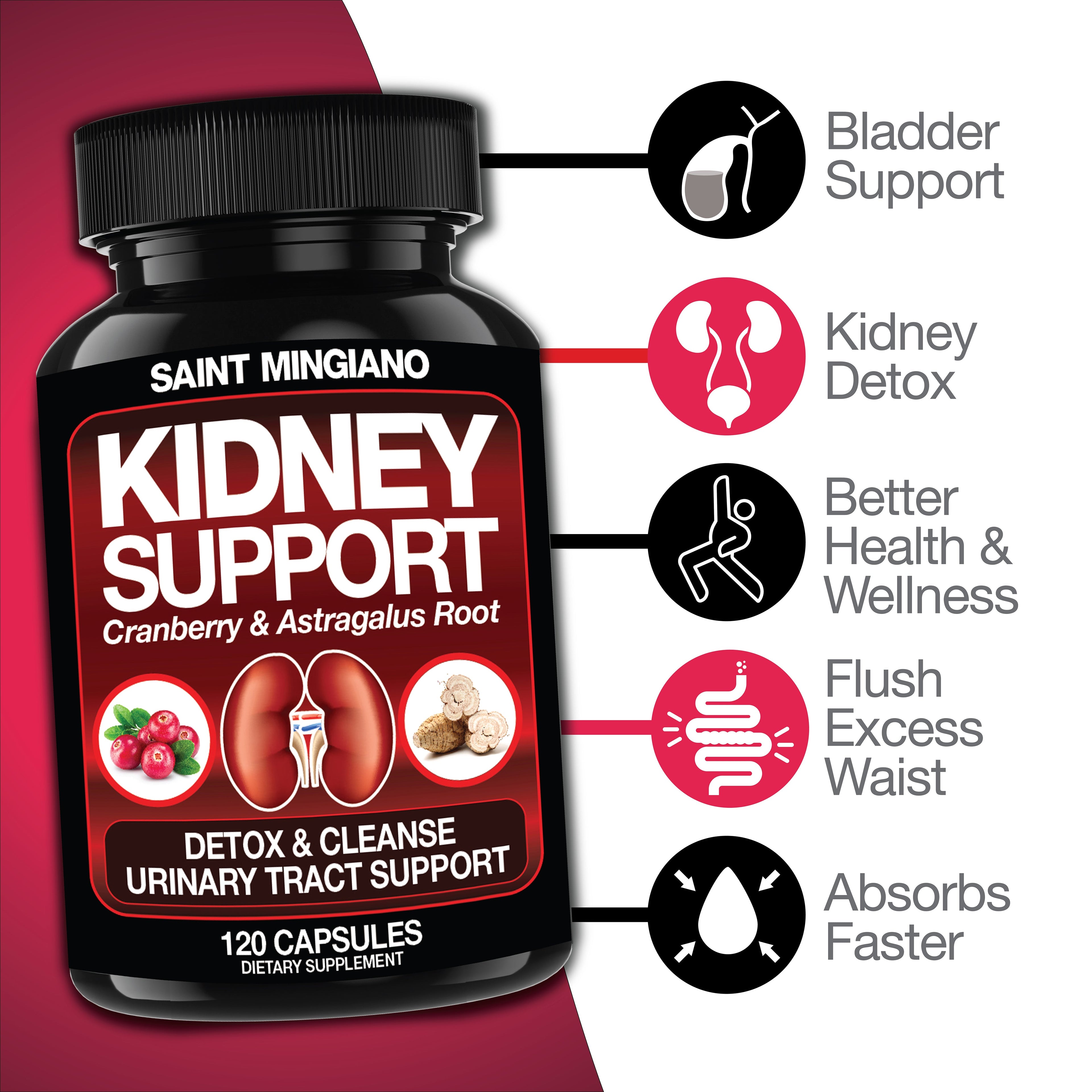 Kidney Support Cleanse Detox & Repair -120 Capsules - Cranberry & Astragalus Root Pills by Saint Mingiano - Supplements & Wellness Dedicated to Holistic Health