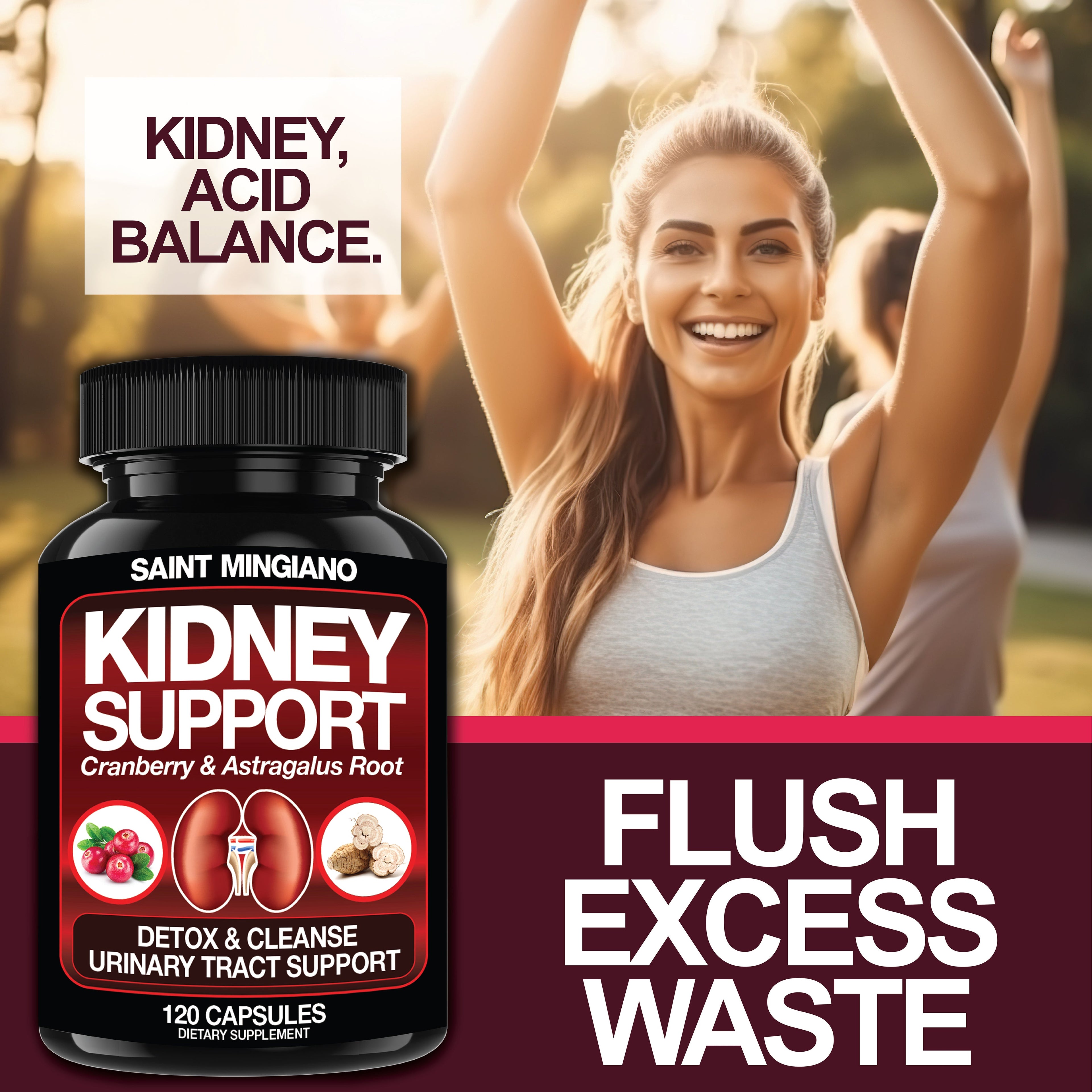 Kidney Support Cleanse Detox & Repair -120 Capsules - Cranberry & Astragalus Root Pills by Saint Mingiano - Supplements & Wellness Dedicated to Holistic Health