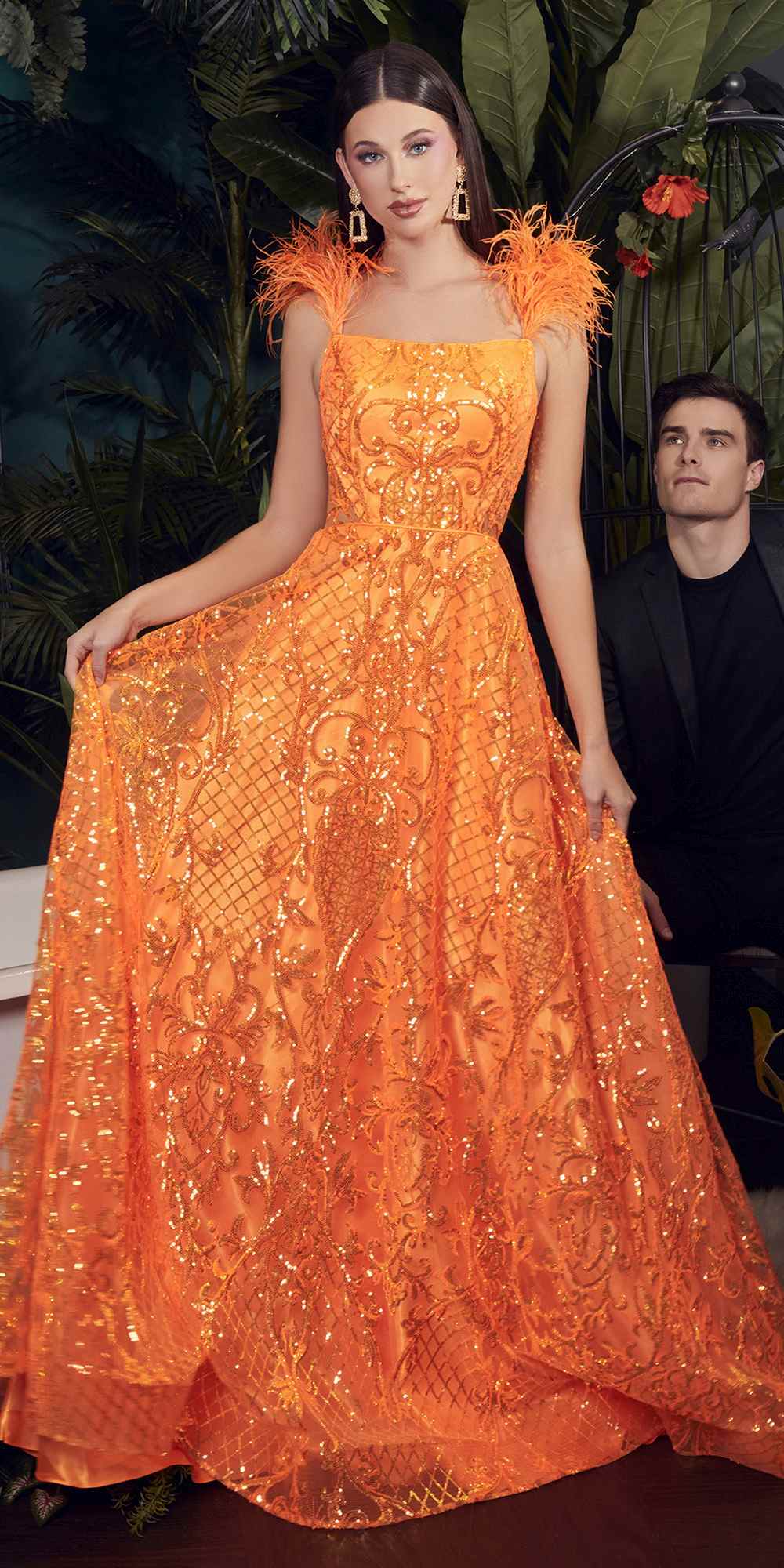 Ladivine KV1076 Floor Length Neon Orange Ball Gown with Feathers by DiscountDressShop