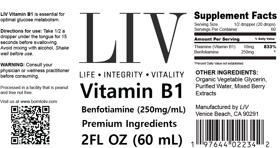 Vitamin B1 Thiamine Liquid Metabolic Booster (Benfotiamine 250mg, 60 servings) by LIV