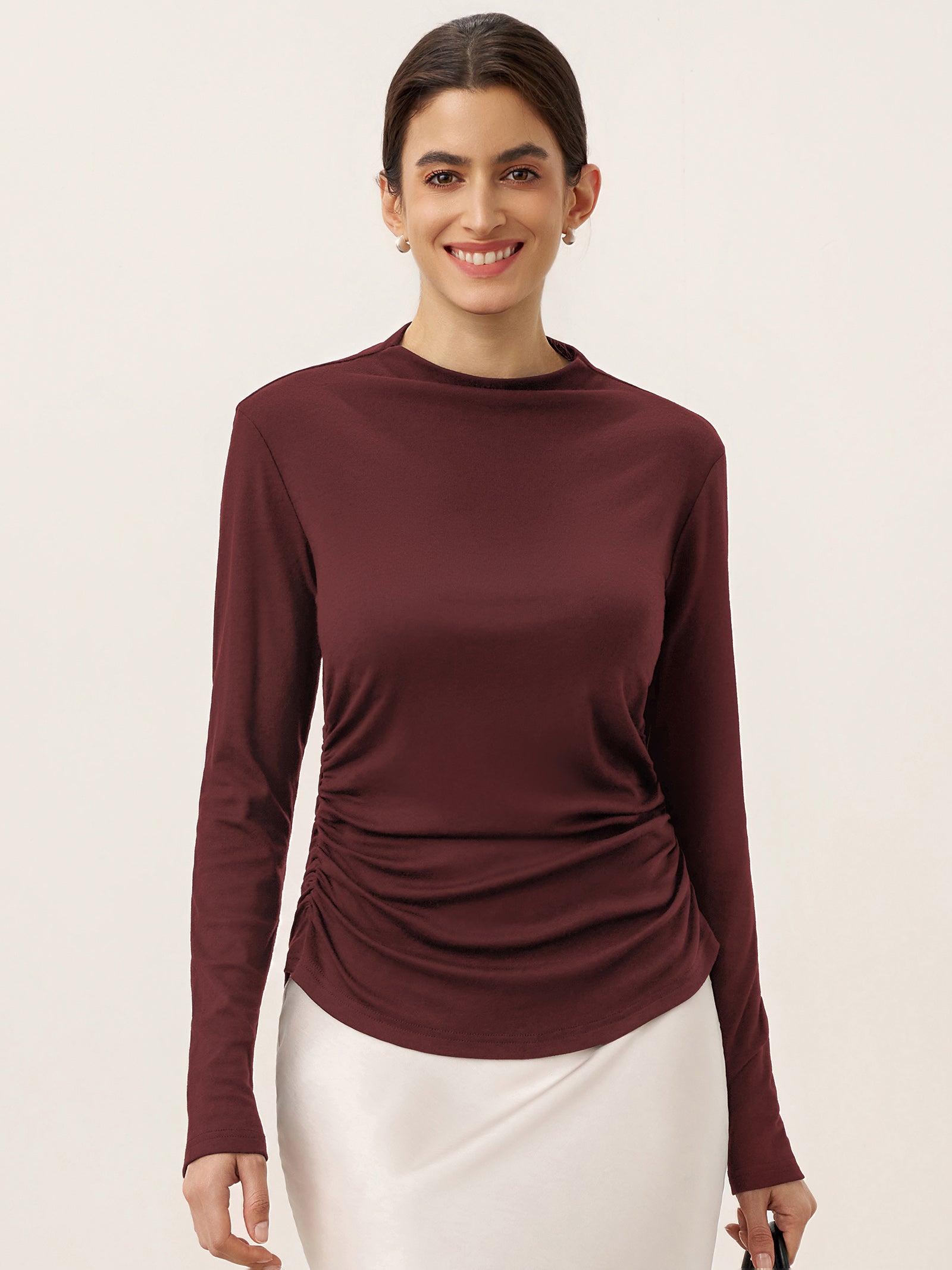 Wool Mock Neck Waist Pleat Top ISOLDE by LINTICO
