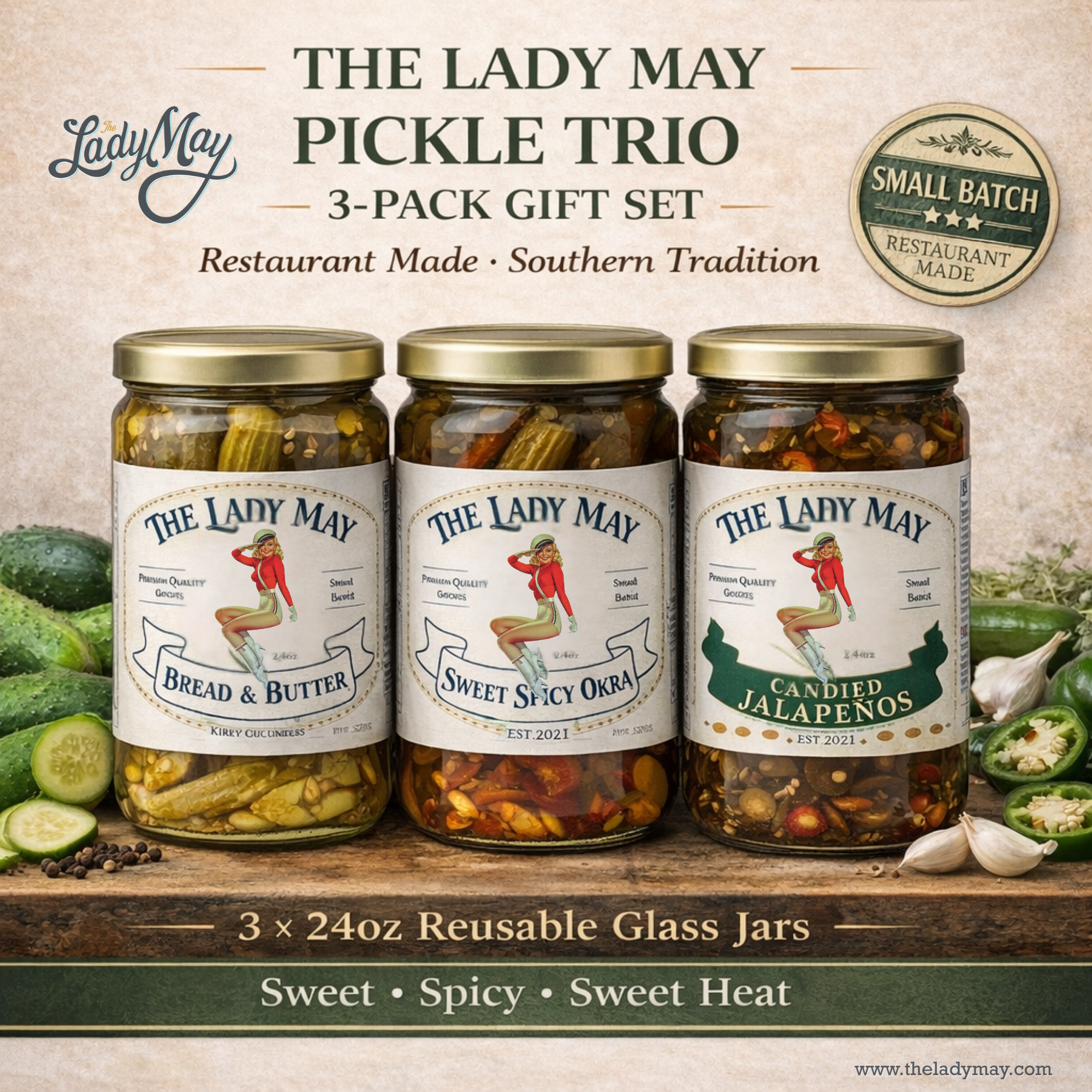 Lady May Pickle Trio Gift Set – 3 Pack Bundle (24oz Jars) – Bread & Butter Sweet Pickles, Sweet & Spicy Pickled Okra, Candied Jalapeños – Small Batch Southern Style – Restaurant Made Gourmet Pickles by The Lady May