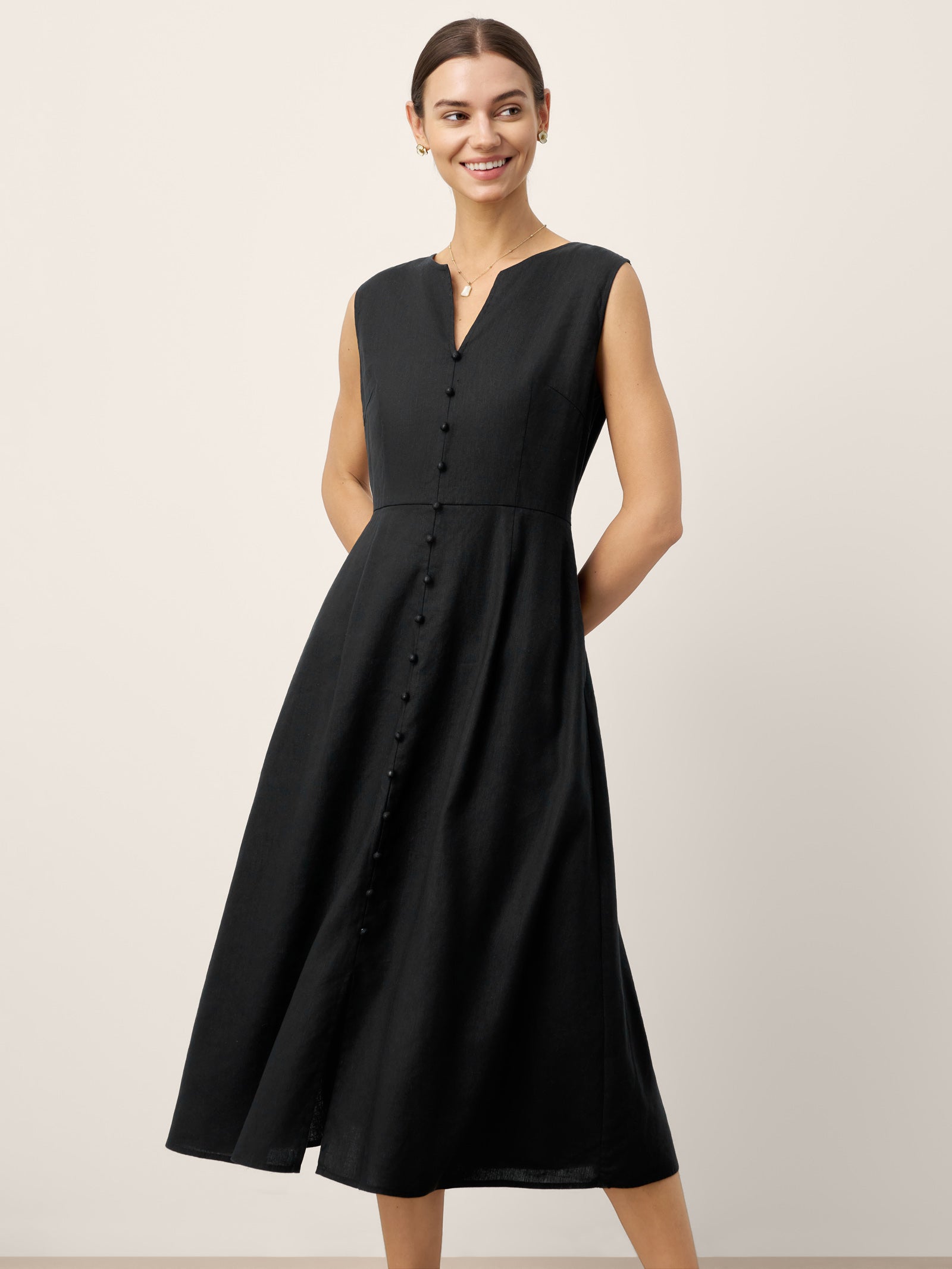 Linen-Lyocell V-Neck Sleeveless Midi Dress WILLOW by LINTICO