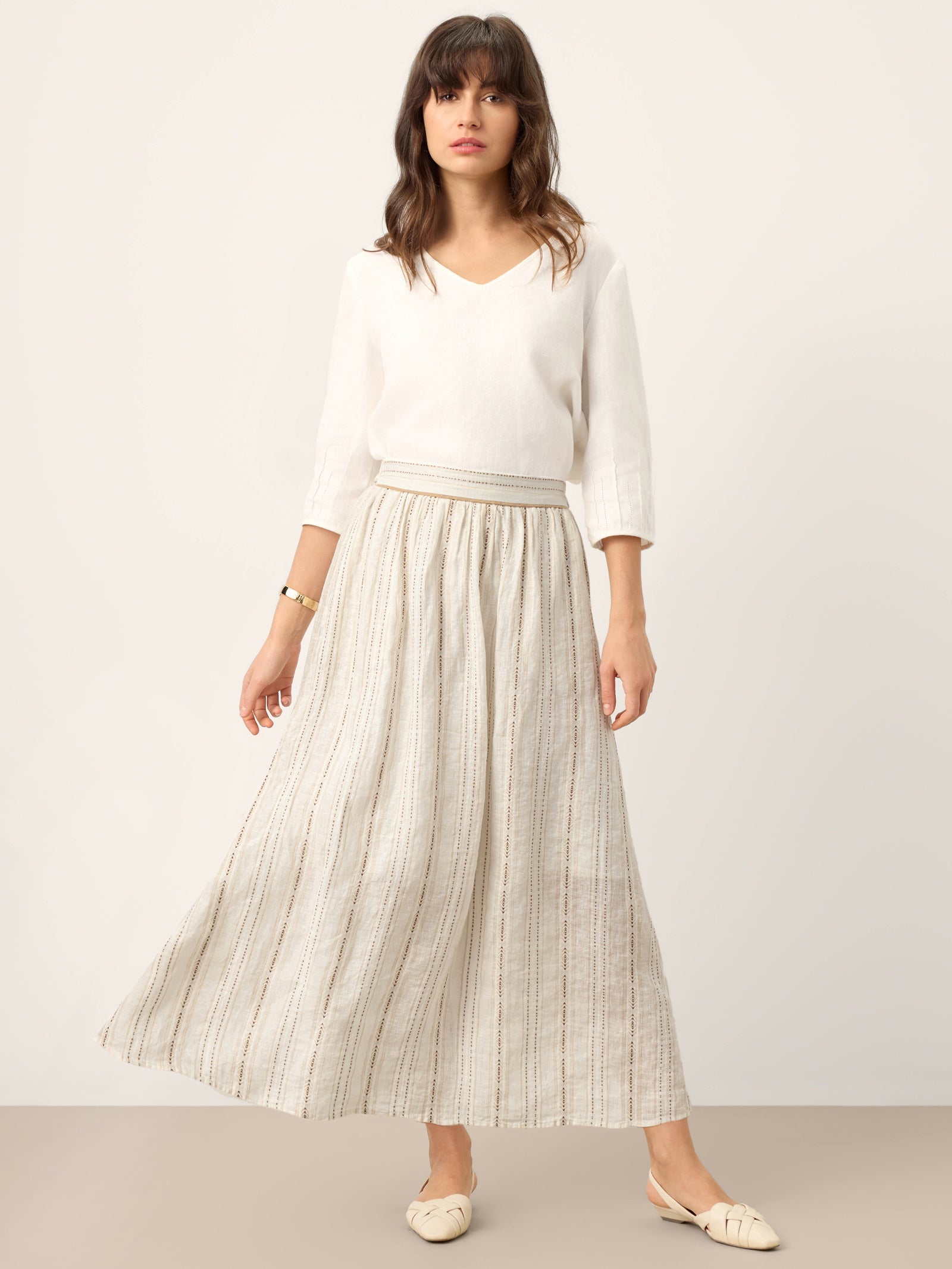 Linen Striped Contrast Trim A-Line Bohemian Skirt with Lining ISMERIE by LINTICO