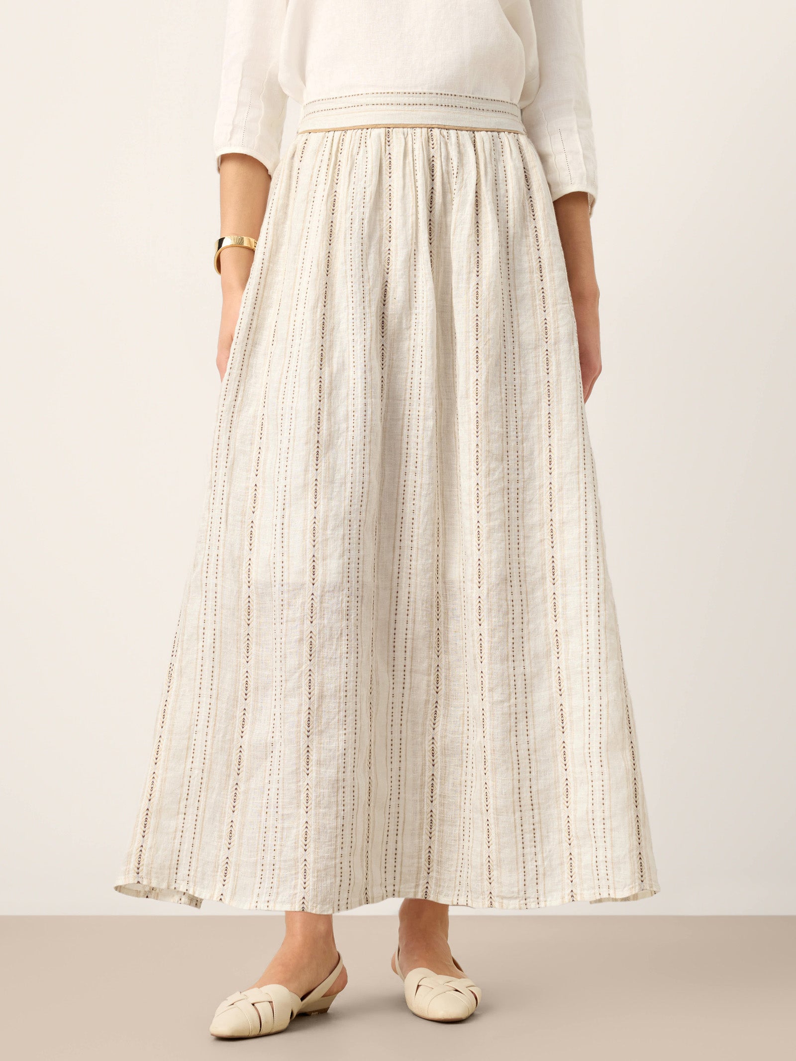 Linen Striped Contrast Trim A-Line Bohemian Skirt with Lining ISMERIE by LINTICO