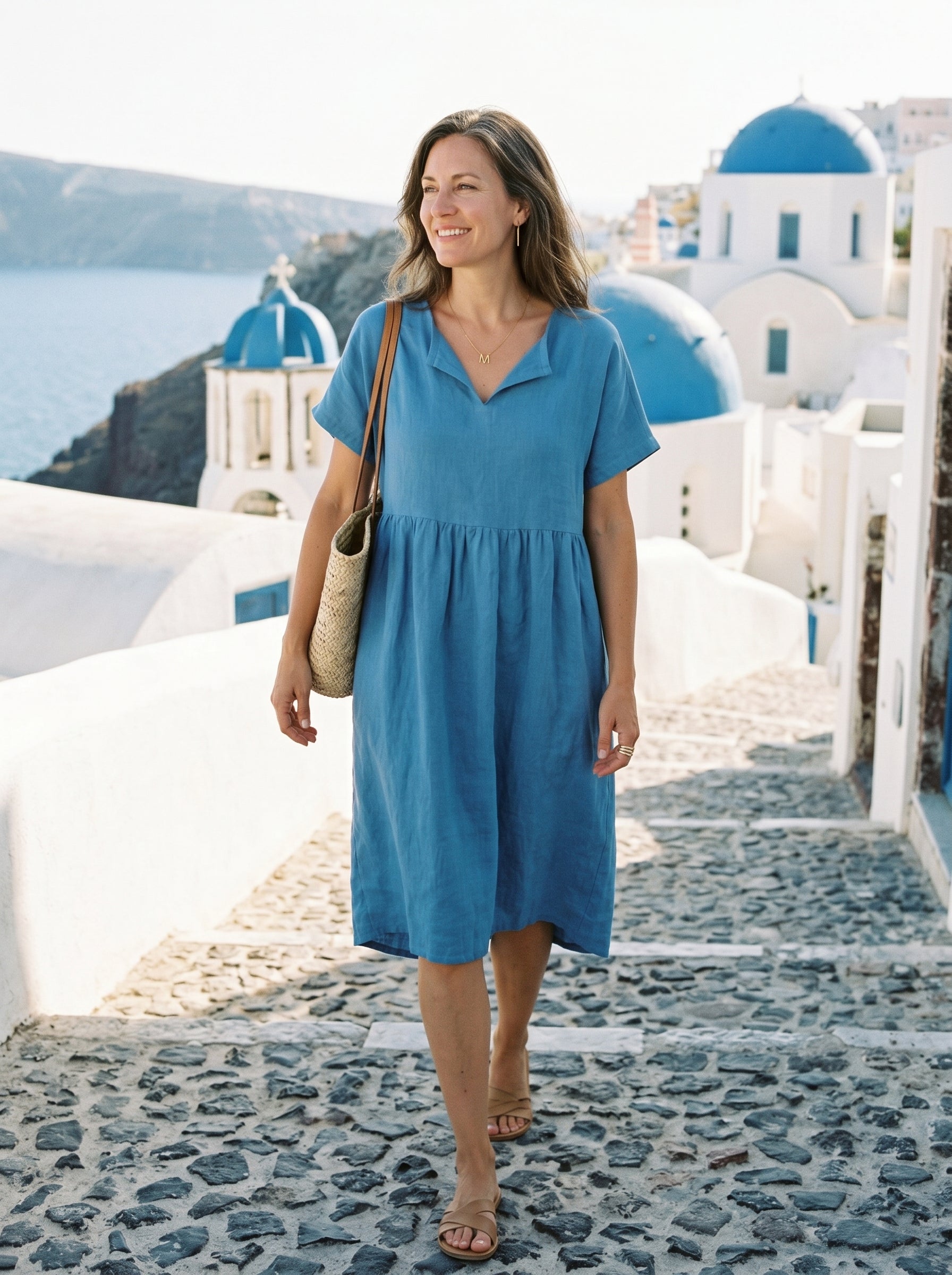 Linen Gathered-Hem Split-Neck Mini Dress SYDNEY by LINTICO