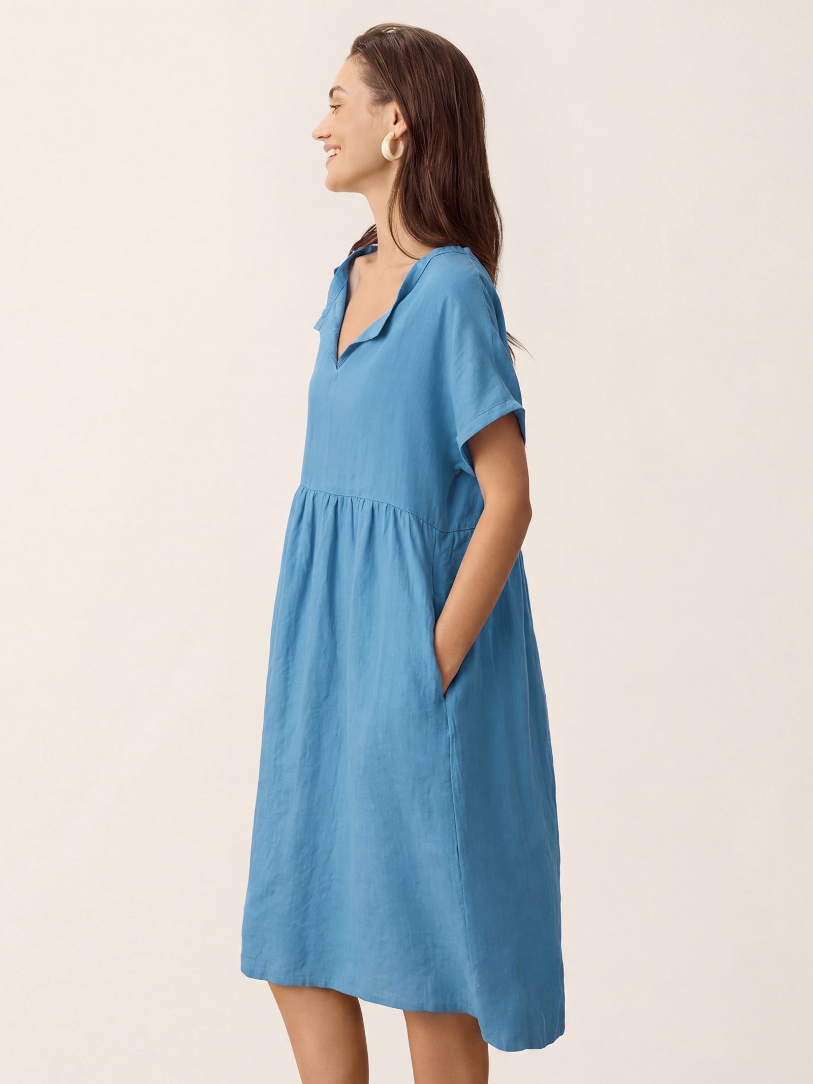 Linen Gathered-Hem Split-Neck Mini Dress SYDNEY by LINTICO