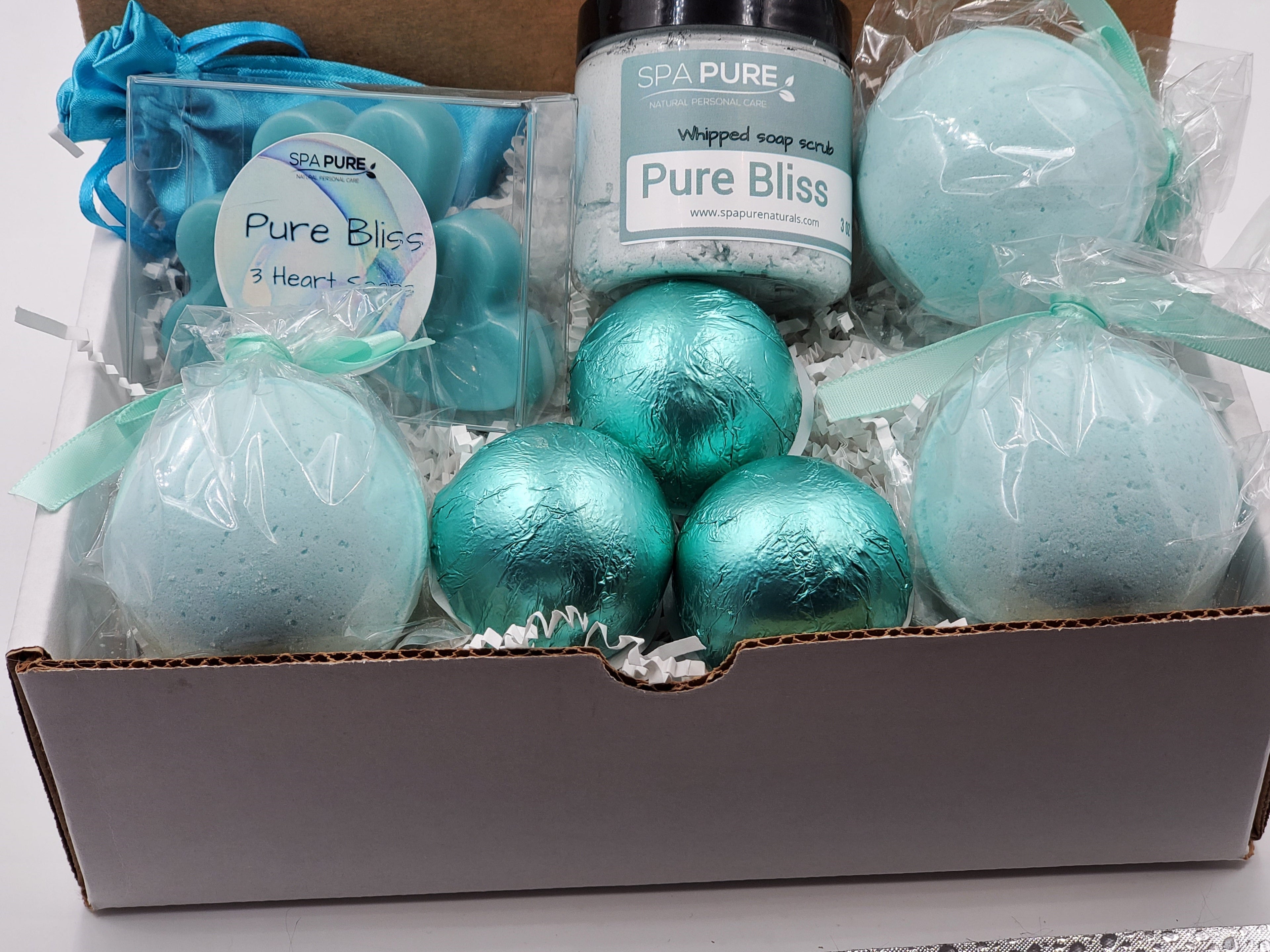Spa Pure Luxury Spa Kit - Pure Bliss - 3 XL Pure Bliss Bath Fizzies, 3 Pure Bliss shower steamers, 3 Heart-shaped soaps, one 3.5 oz Pure Bliss whipped soap scrub, 1 Roll-on Perfume, Perfect for a mini-spa treatment. by Spa Pure