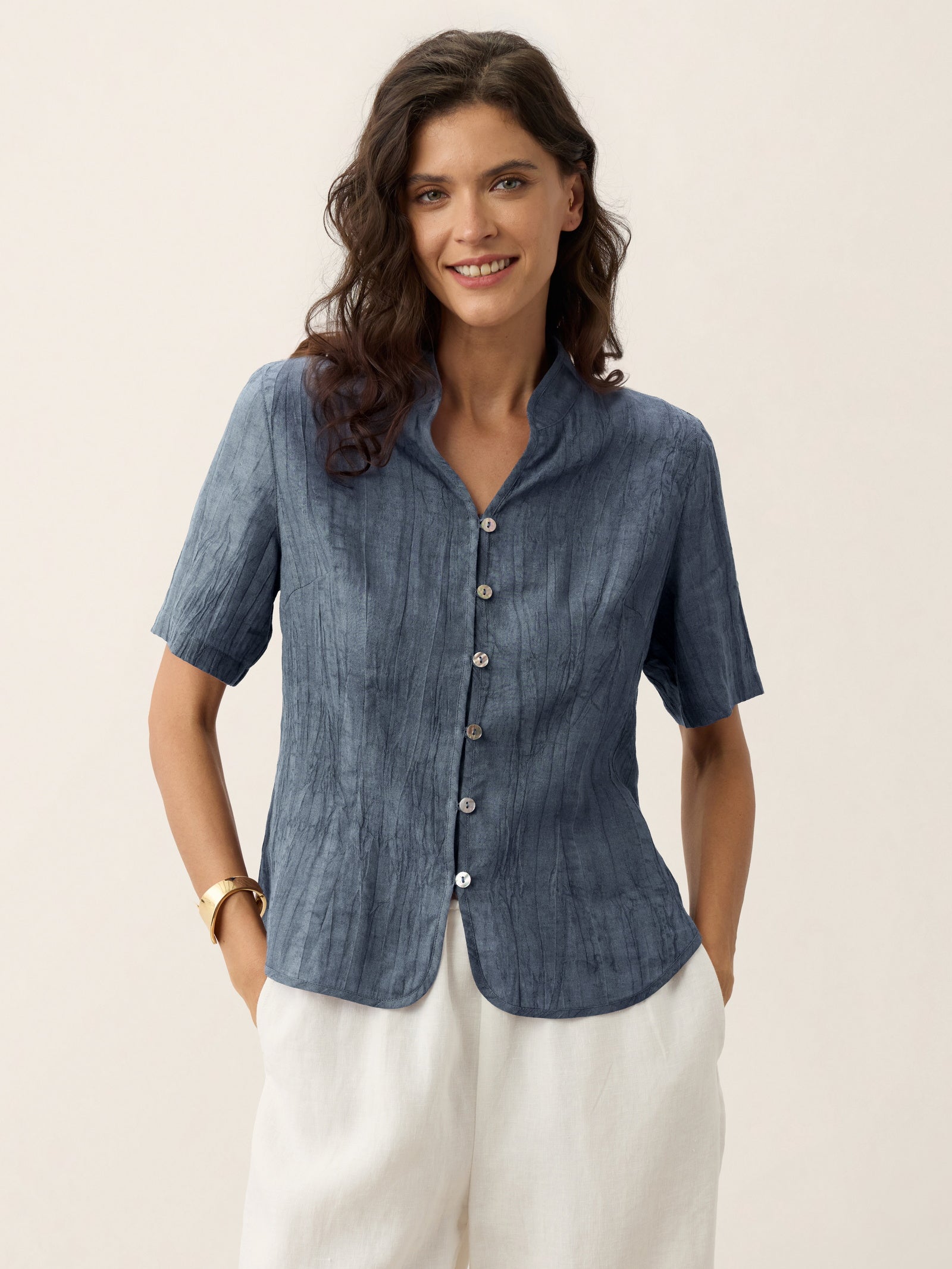 Lyocell Textured Stand Collar Shirt Jacket PHILIPPA by LINTICO