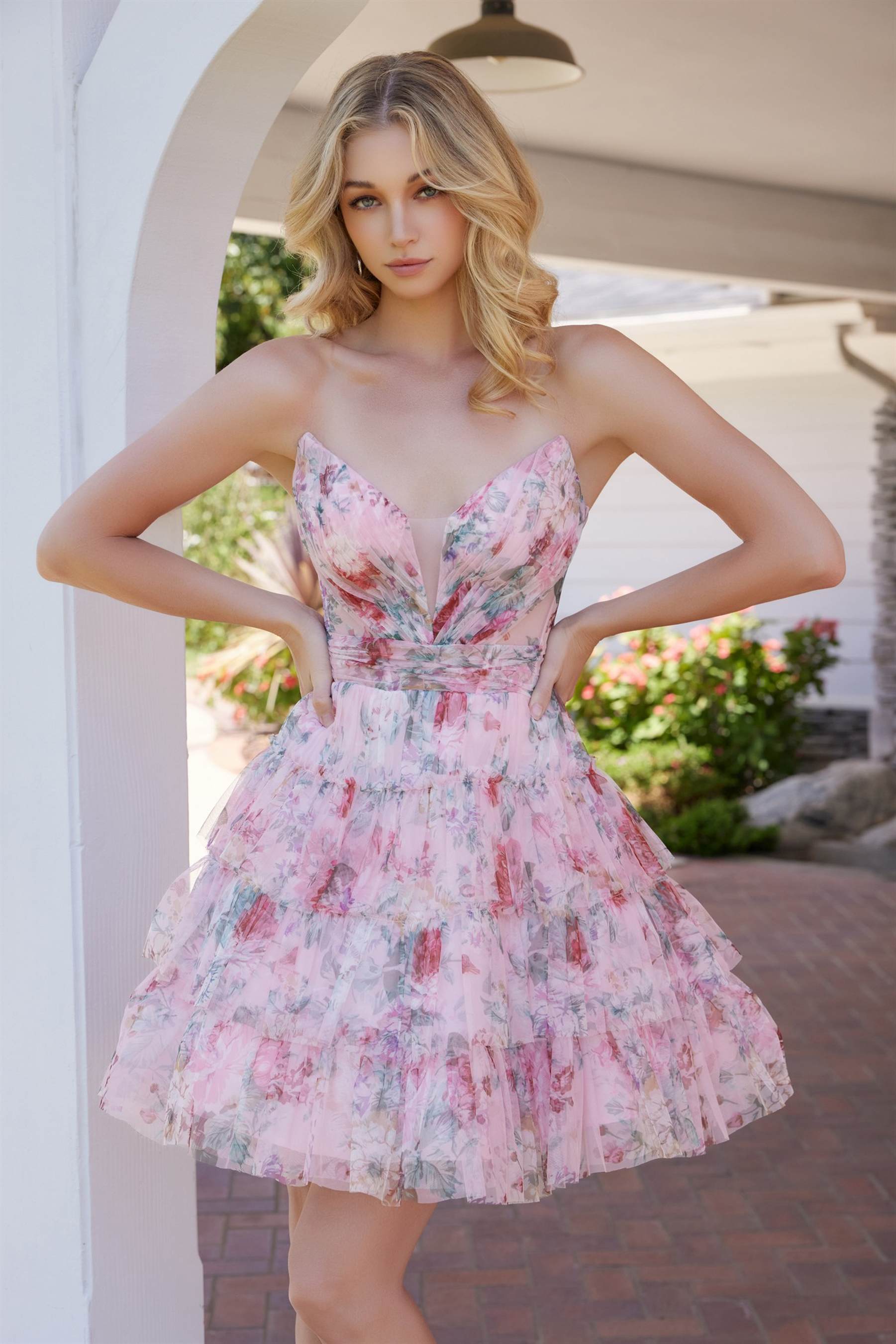 Nox Anabel M992 Chic and Graceful Strapless Flower Print Chiffon Dress by DiscountDressShop