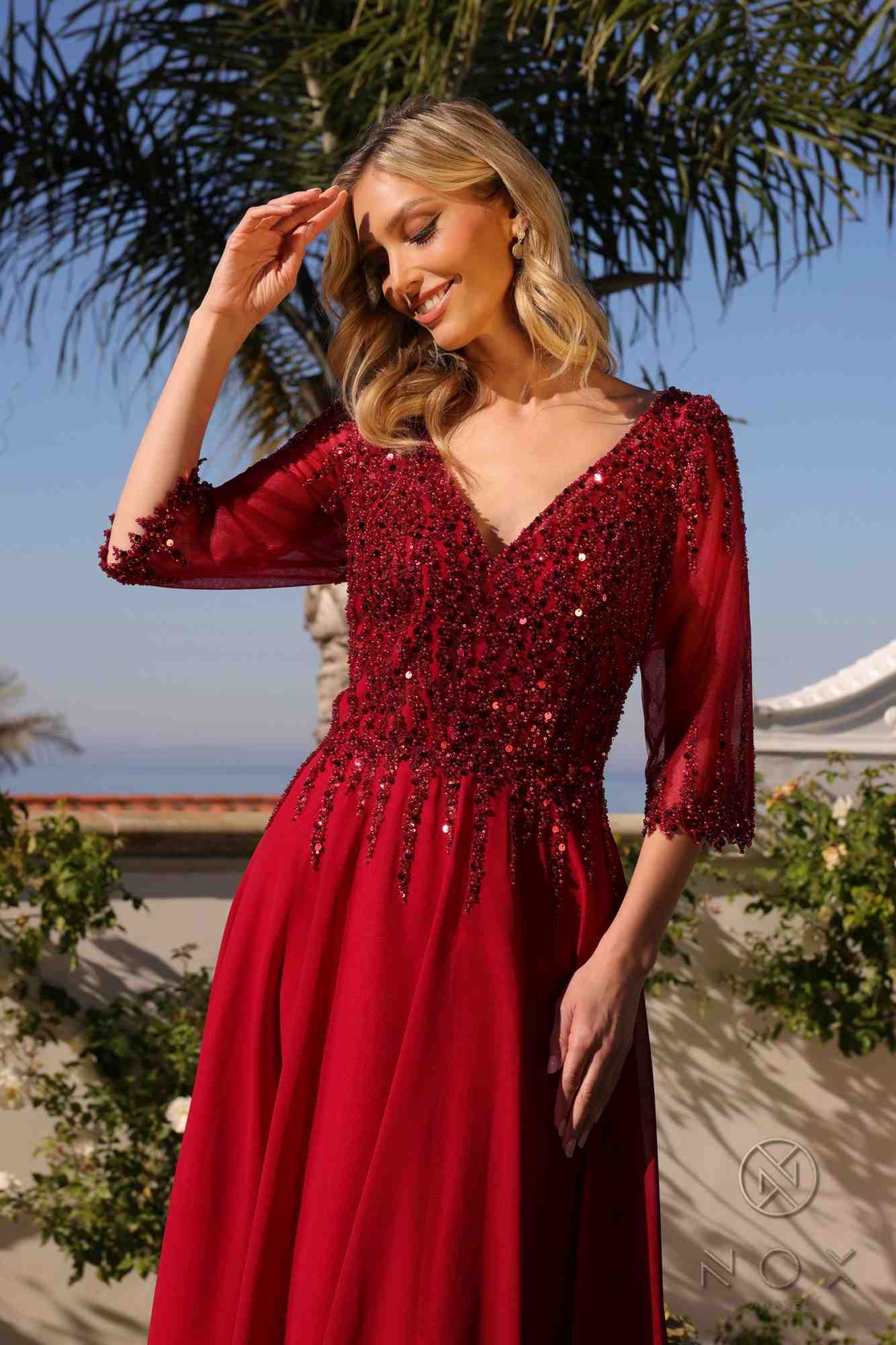 Nox Anabel MF100 Long Sequin Bodice 3/4 Sleeve A-line Gown by DiscountDressShop