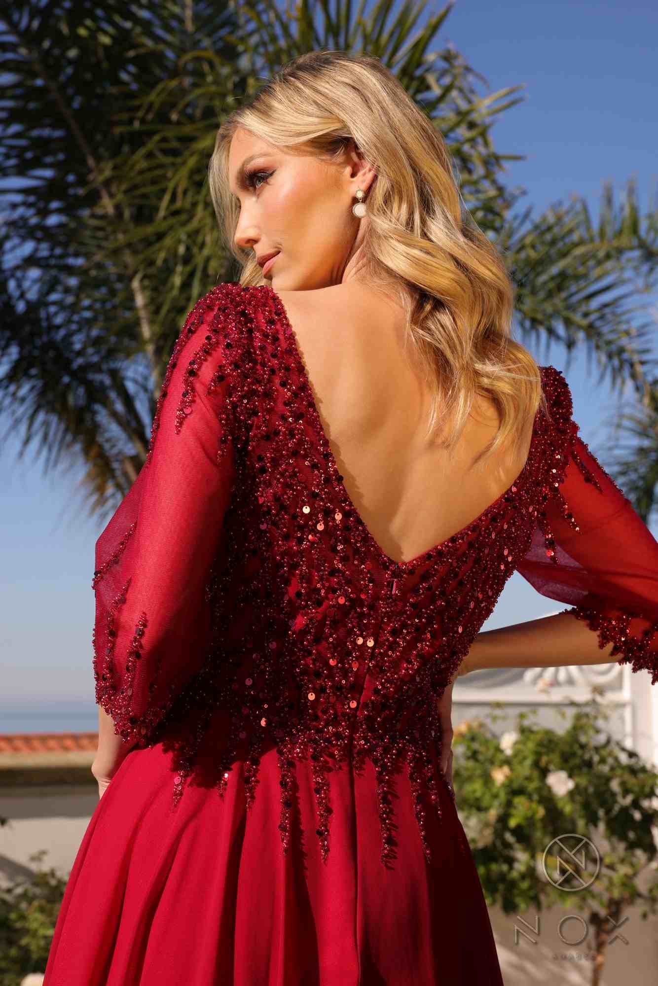 Nox Anabel MF100 Long Sequin Bodice 3/4 Sleeve A-line Gown by DiscountDressShop