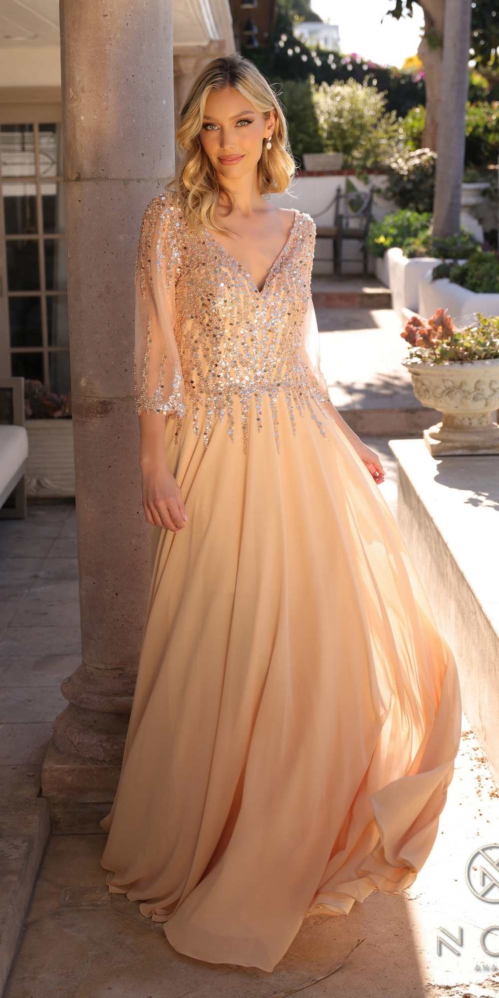 Nox Anabel MF100 Long Sequin Bodice 3/4 Sleeve A-line Gown by DiscountDressShop