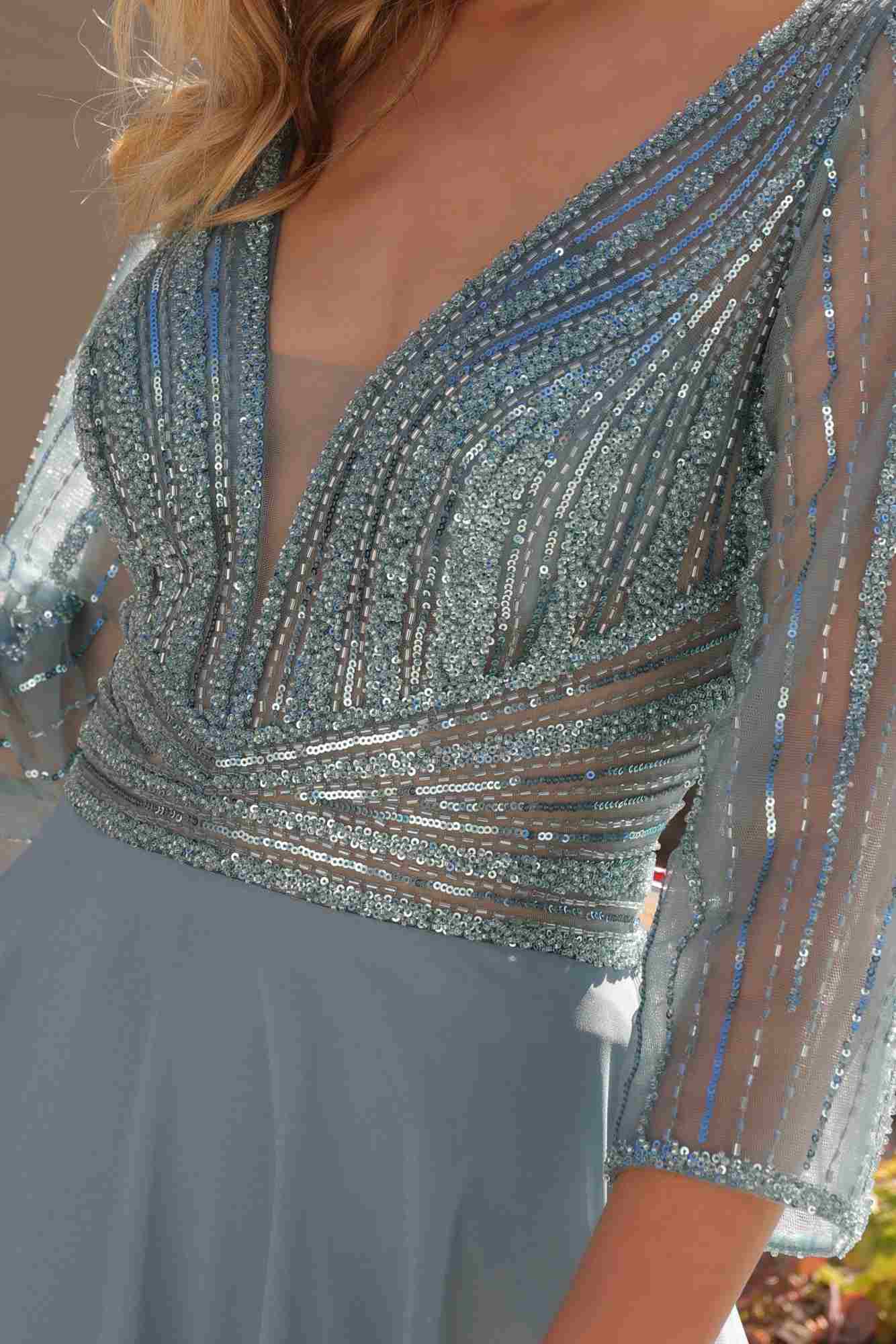 Nox Anabel MF101 Long V-Neck Embellished Bodice 3/4 Sleeve A-line Gown by DiscountDressShop