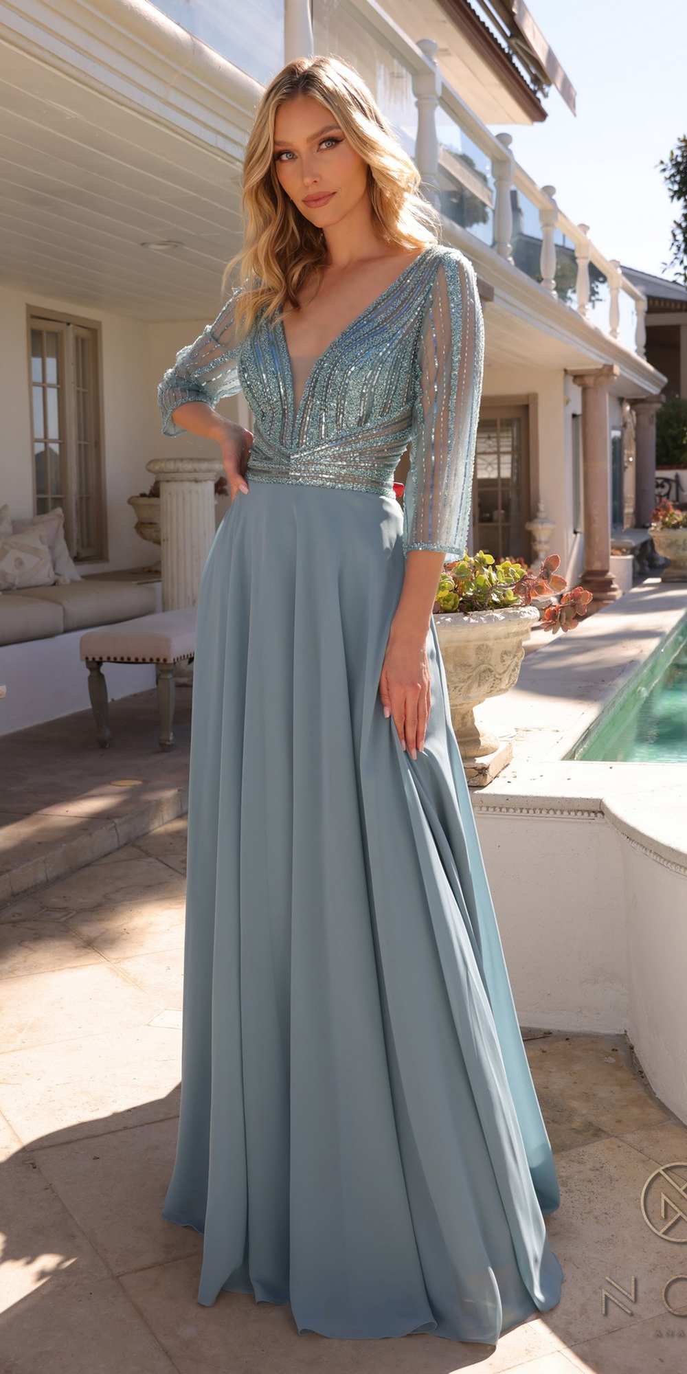 Nox Anabel MF101 Long V-Neck Embellished Bodice 3/4 Sleeve A-line Gown by DiscountDressShop