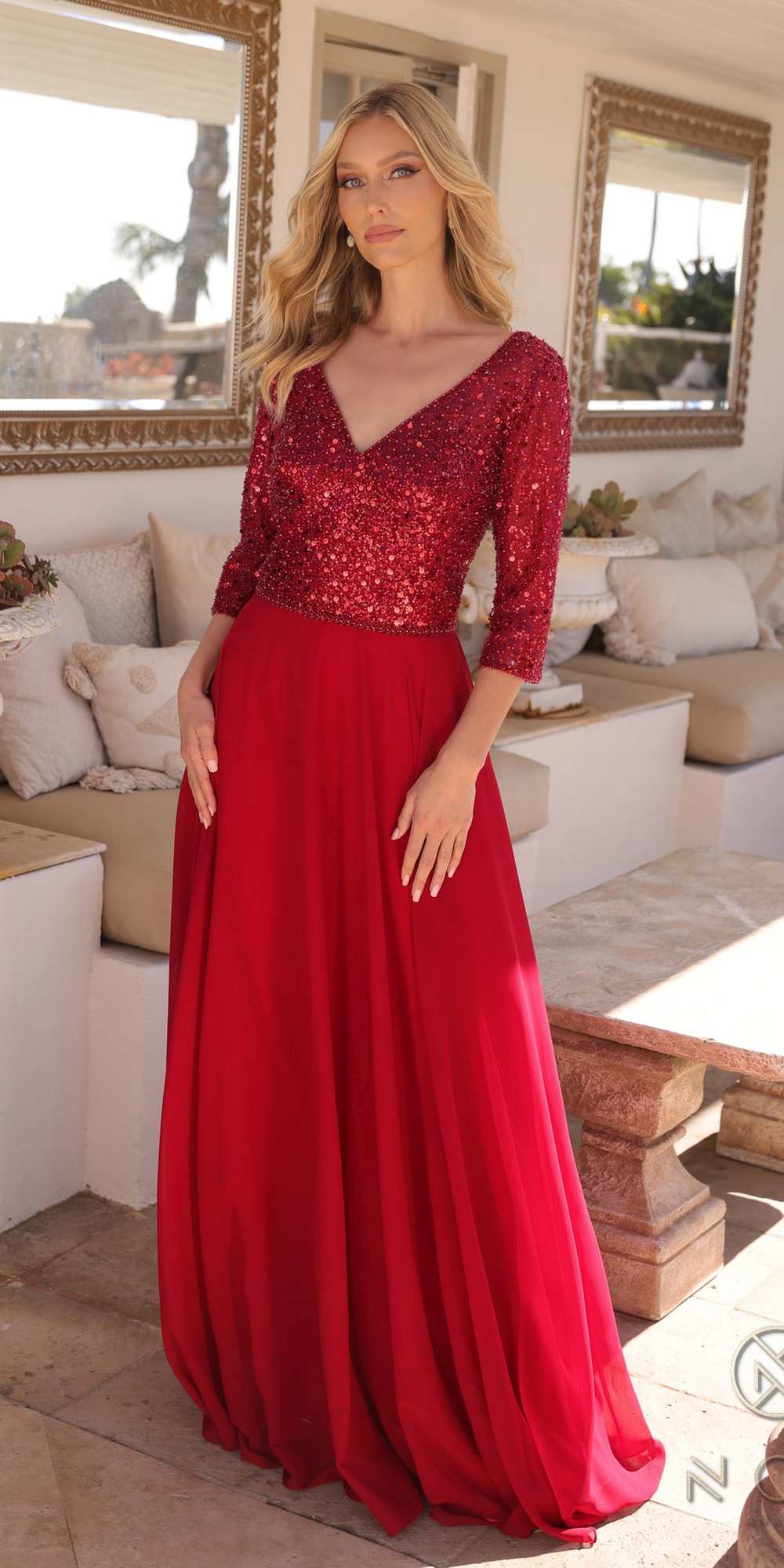 Nox Anabel MF103 Long Sequin Bodice 3/4 Sleeve A-line Gown by DiscountDressShop