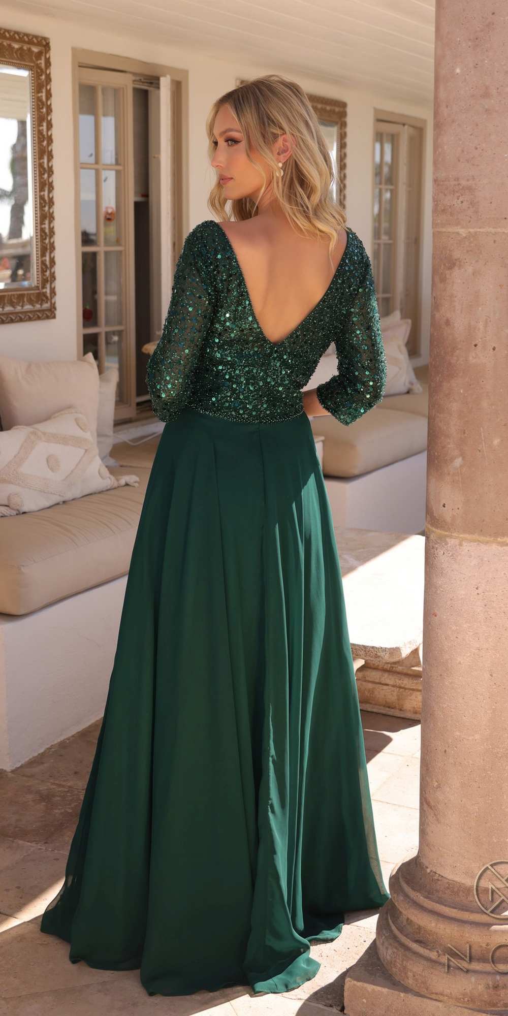 Nox Anabel MF103 Long Sequin Bodice 3/4 Sleeve A-line Gown by DiscountDressShop